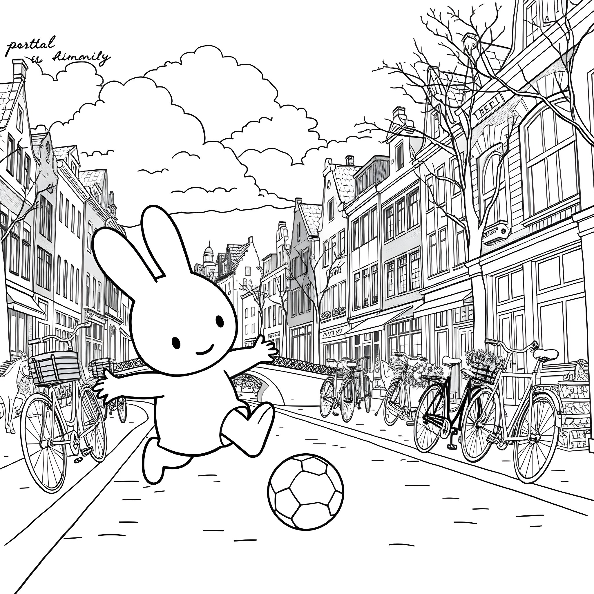 Miffy playing with a soccer ball on a city street Coloring Page (free black-and-white line drawing printable PDF for all, from beginners to advanced learners, including children, teens, adults, and seniors)