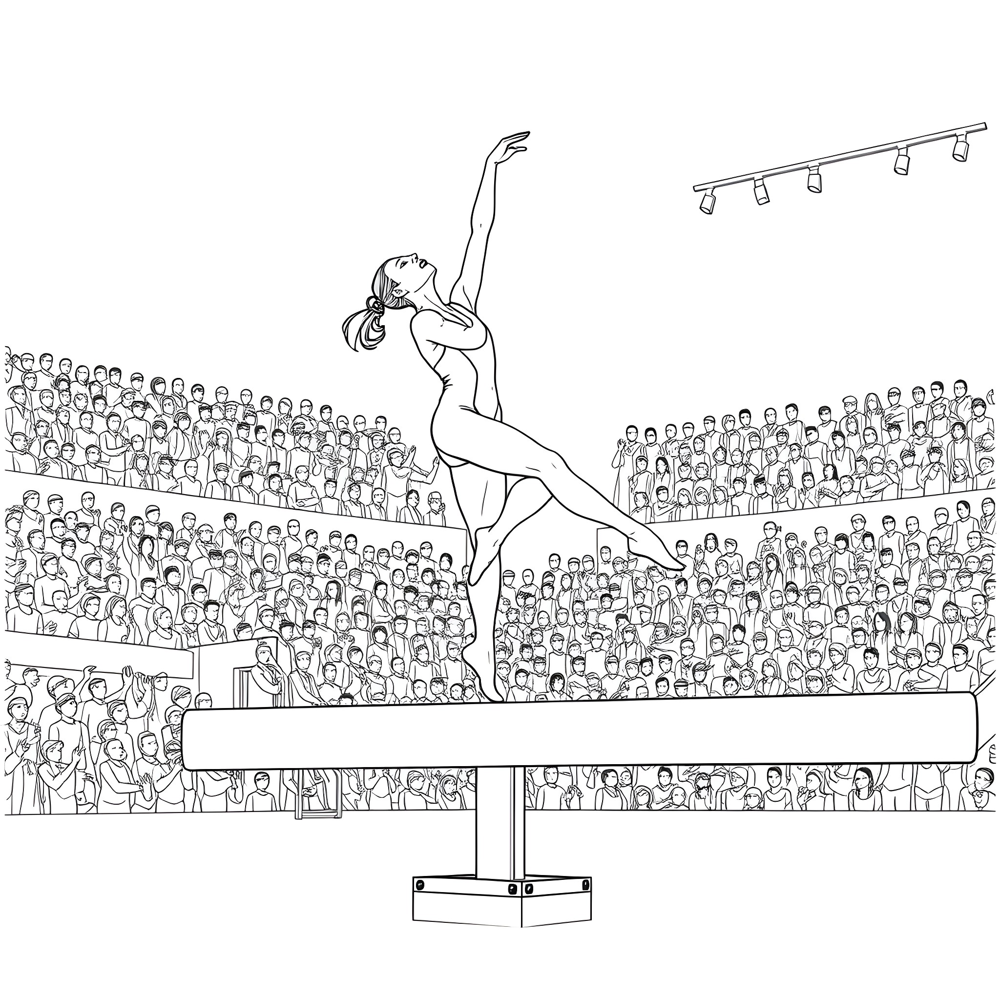 Gymnast performs acrobatic routine in front of audience Coloring Page (free black-and-white line drawing printable PDF for all, from beginners to advanced learners, including children, teens, adults, and seniors)