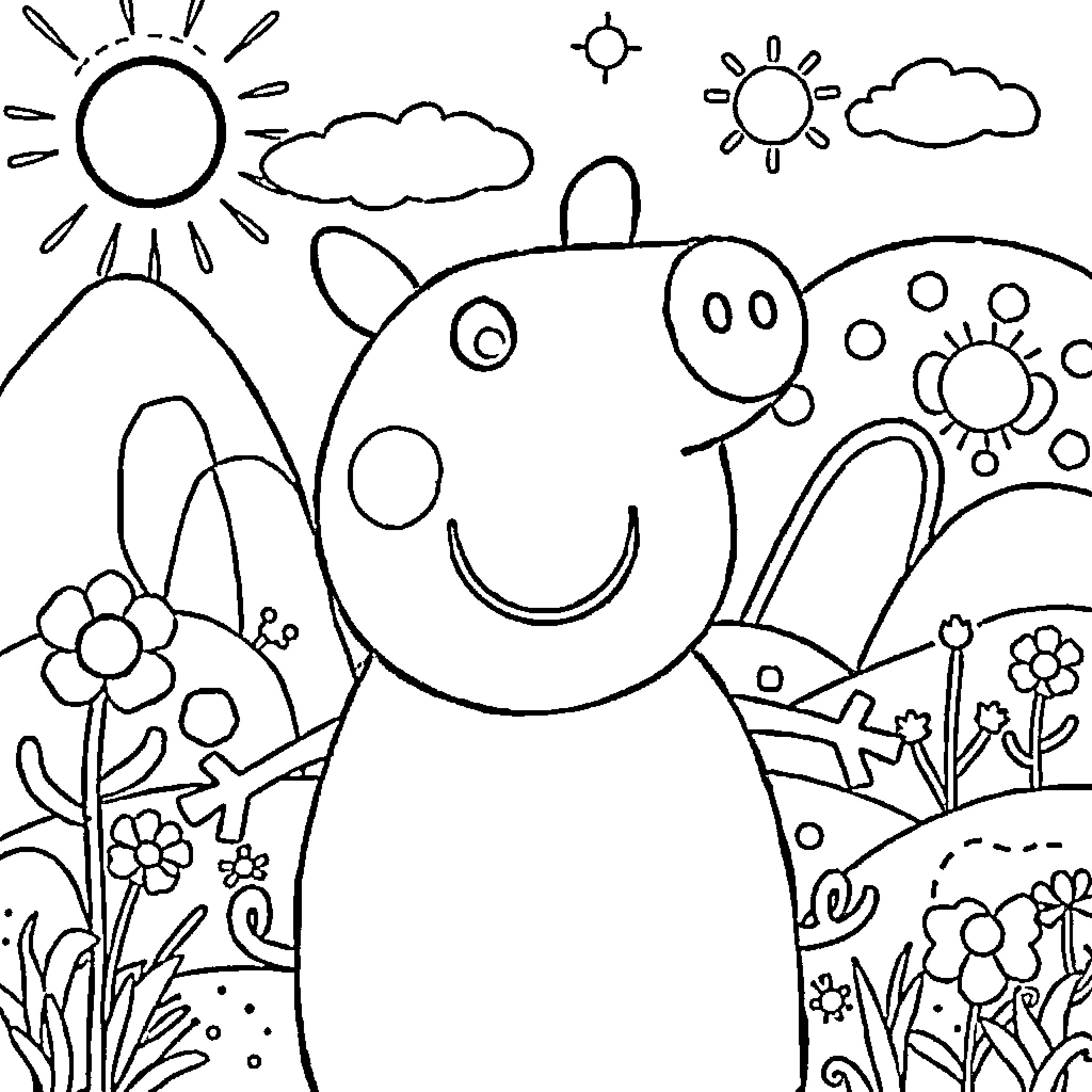 Peppa Pig enjoying the beautiful outdoors Coloring Page (free black-and-white line drawing printable PDF for all, from beginners to advanced learners, including children, teens, adults, and seniors)