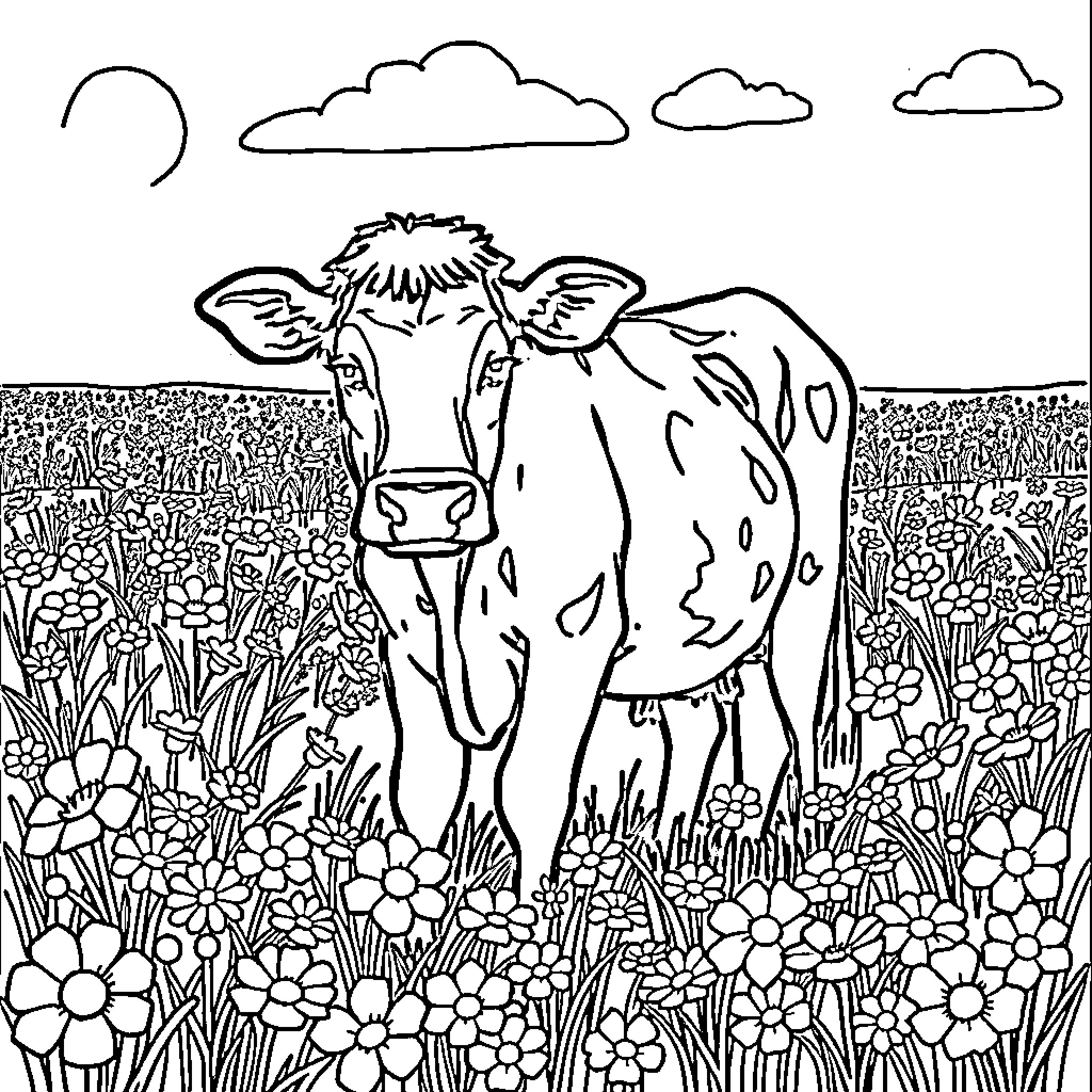 Cow standing amidst a field of flowers Coloring Page (free black-and-white line drawing printable PDF for all, from beginners to advanced learners, including children, teens, adults, and seniors)