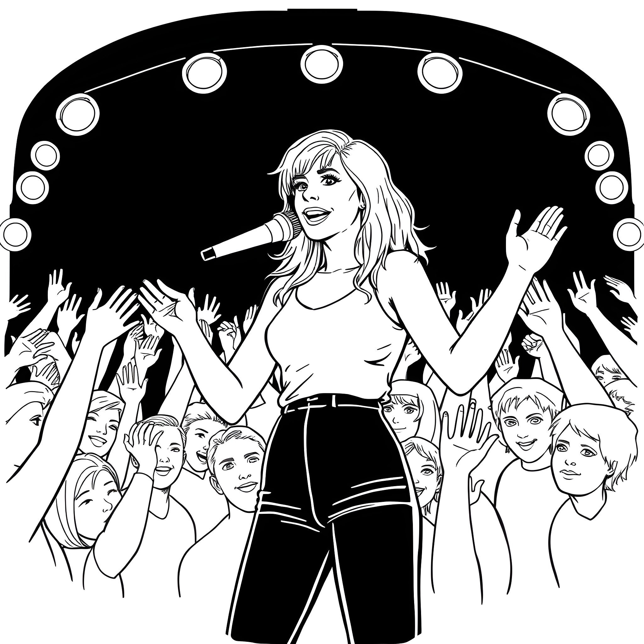 Hayley Williams performing on stage with enthusiastic fans Coloring Page (free black-and-white line drawing printable PDF for all, from beginners to advanced learners, including children, teens, adults, and seniors)