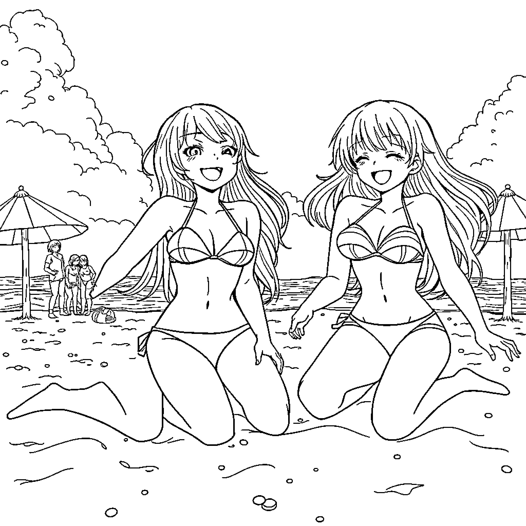 Anime Girls Enjoying a Beach Day Coloring Page (free black-and-white line drawing printable PDF for all, from beginners to advanced learners, including children, teens, adults, and seniors)