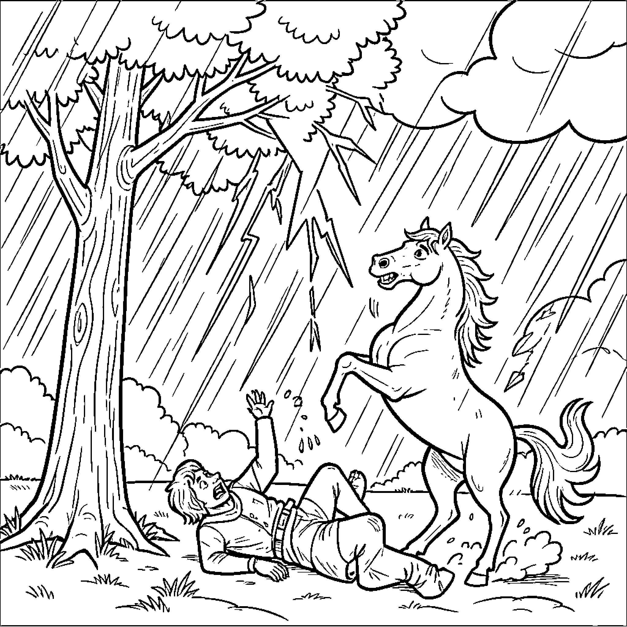 Lightning striking near a person and a horse Coloring Page (free black-and-white line drawing printable PDF for all, from beginners to advanced learners, including children, teens, adults, and seniors)