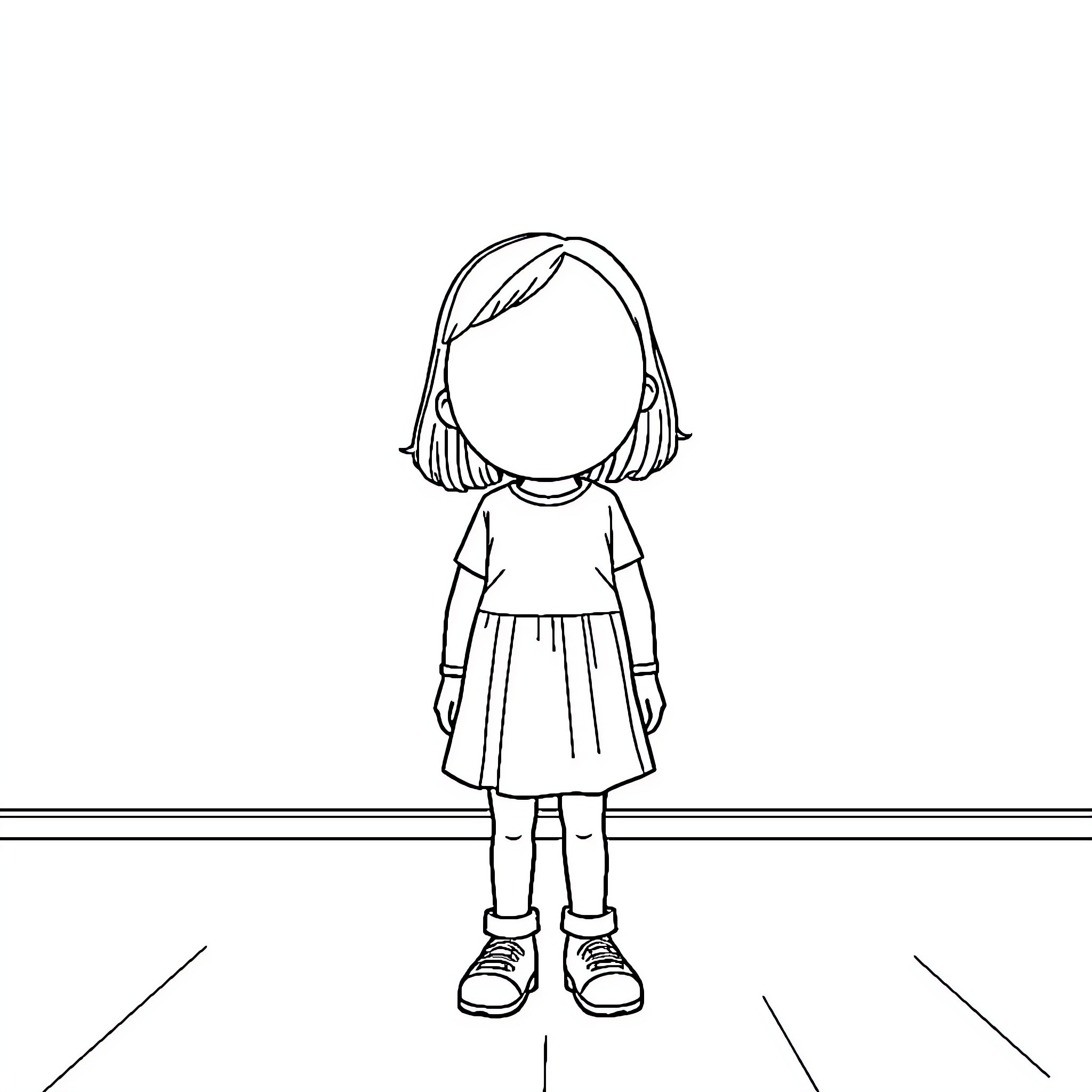 Girl standing alone on the street Coloring Page (free black-and-white line drawing printable PDF for all, from beginners to advanced learners, including children, teens, adults, and seniors)