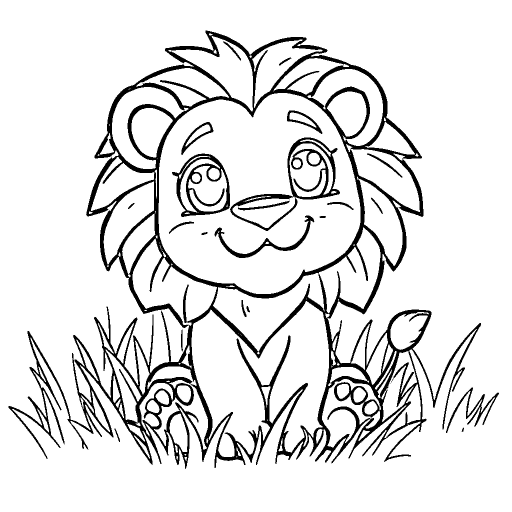 Lion smiling happily in the grass Coloring Page (free black-and-white line drawing printable PDF for all, from beginners to advanced learners, including children, teens, adults, and seniors)