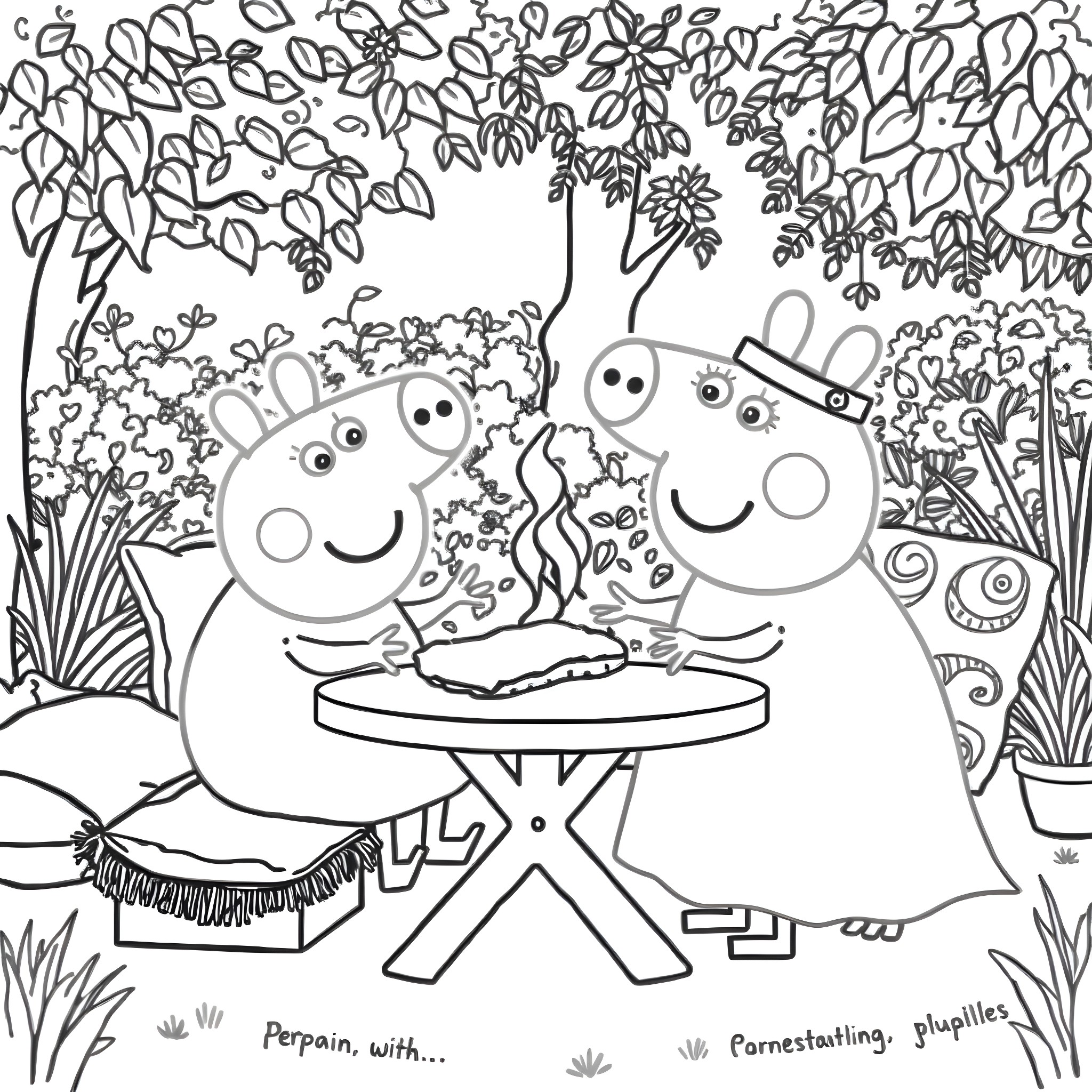 Peppa Pig and friends enjoying a picnic in the park Coloring Page (free black-and-white line drawing printable PDF for all, from beginners to advanced learners, including children, teens, adults, and seniors)