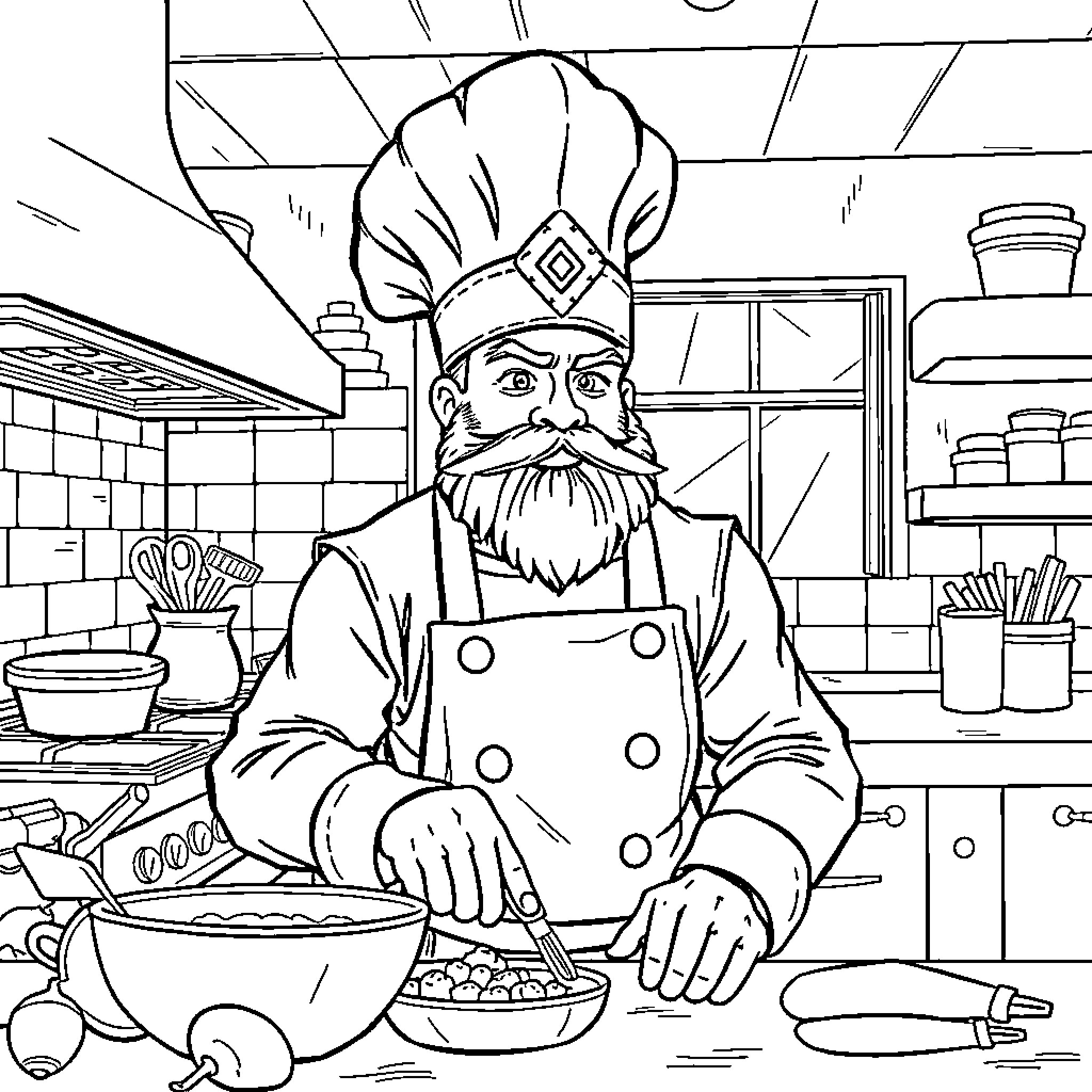 Master Chef Cooking in a Busy Kitchen Coloring Page (free black-and-white line drawing printable PDF for all, from beginners to advanced learners, including children, teens, adults, and seniors)