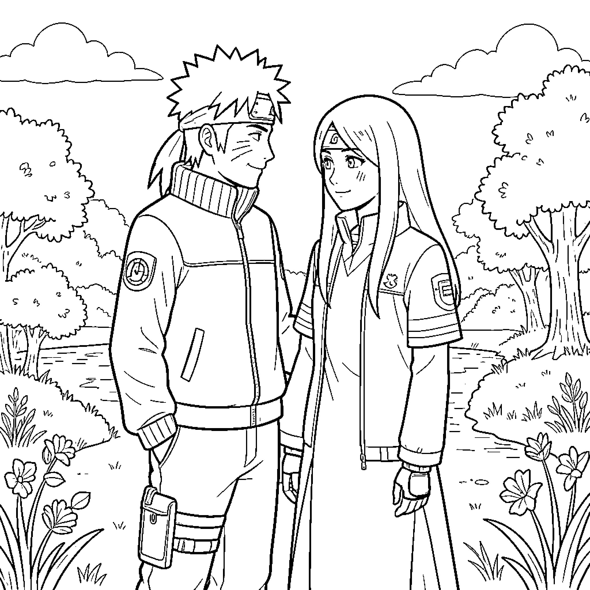 Naruto and Hinata smiling at each other in nature Coloring Page (free black-and-white line drawing printable PDF for all, from beginners to advanced learners, including children, teens, adults, and seniors)