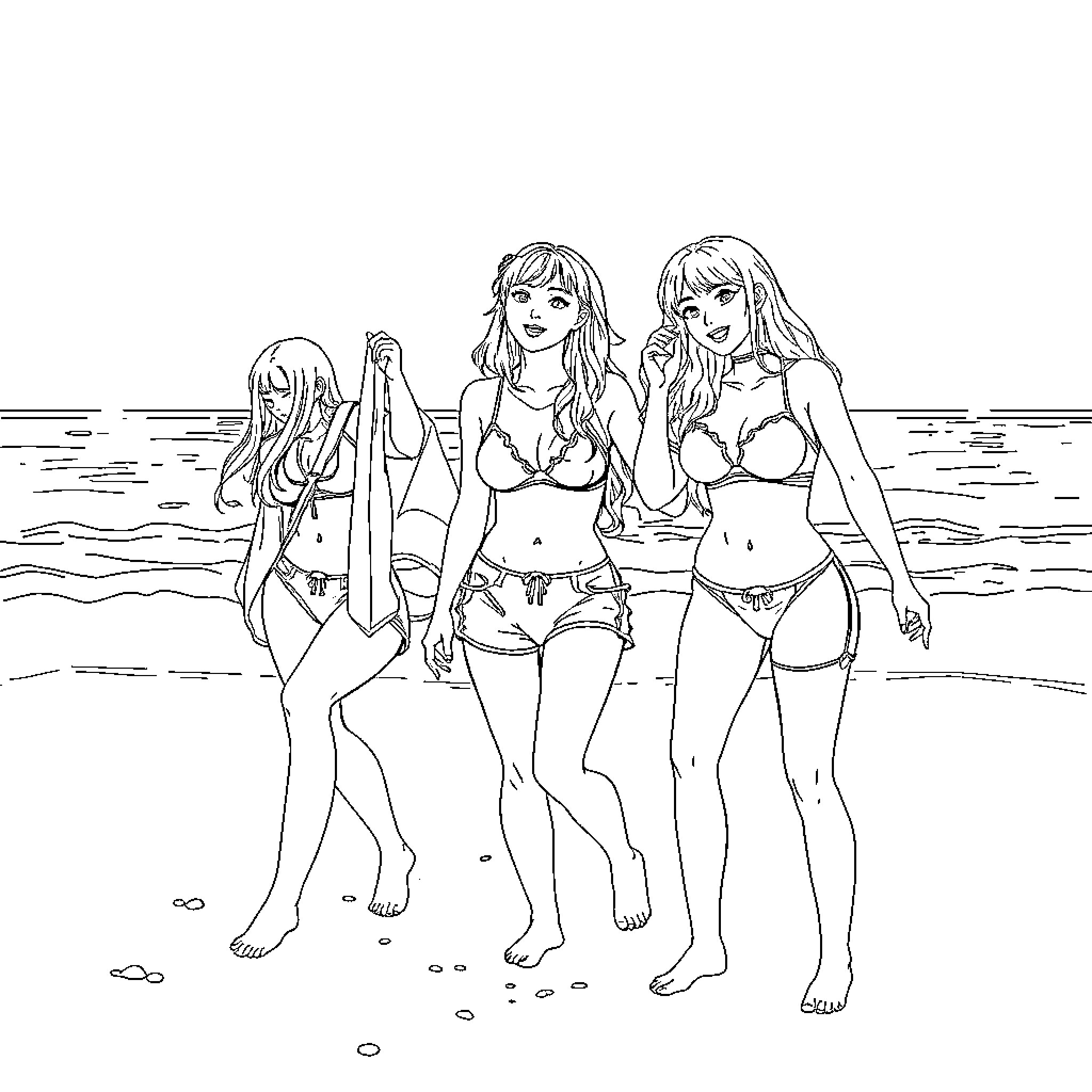 Guerrera Warriors Enjoy Coastal Retreat Coloring Page (free black-and-white line drawing printable PDF for all, from beginners to advanced learners, including children, teens, adults, and seniors)