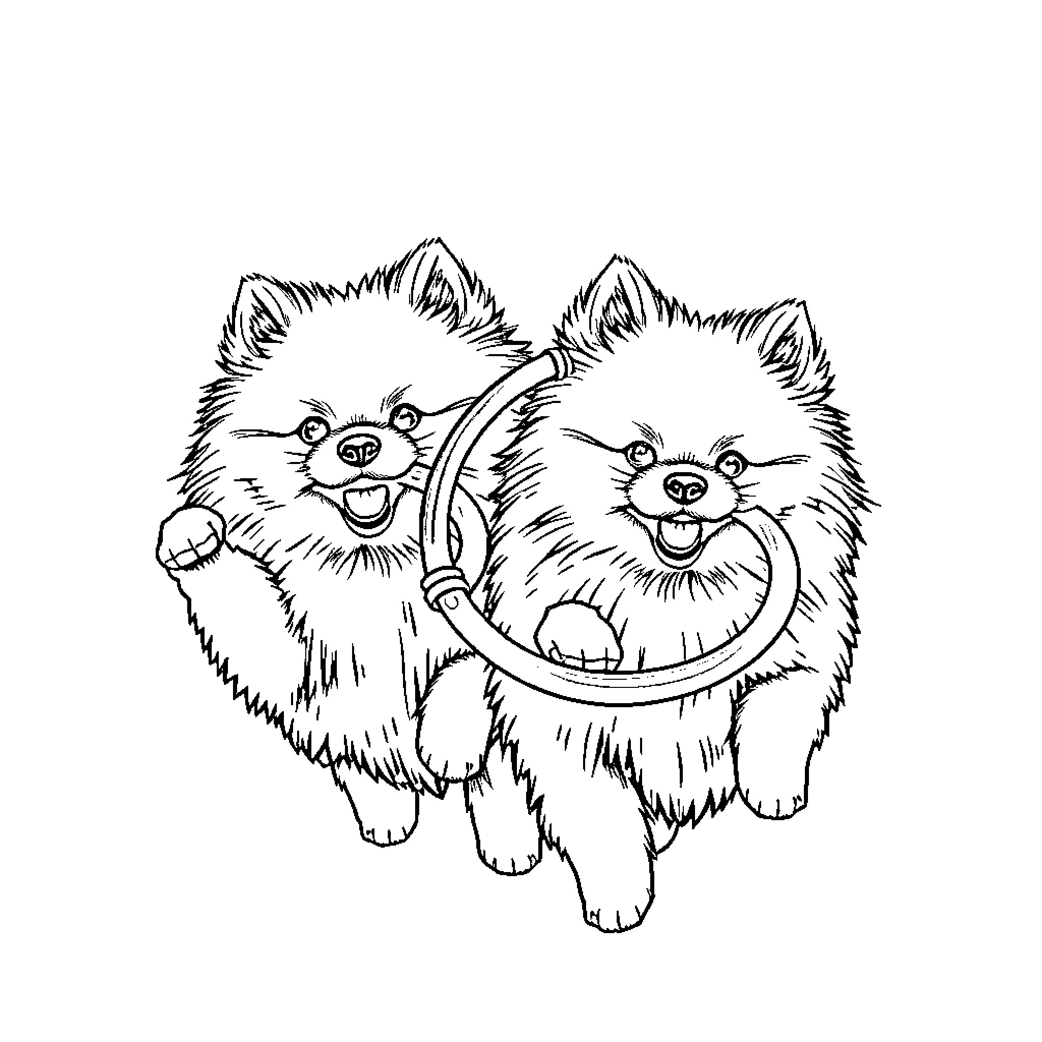 Pomeranian puppies playing together happily Coloring Page (free black-and-white line drawing printable PDF for all, from beginners to advanced learners, including children, teens, adults, and seniors)