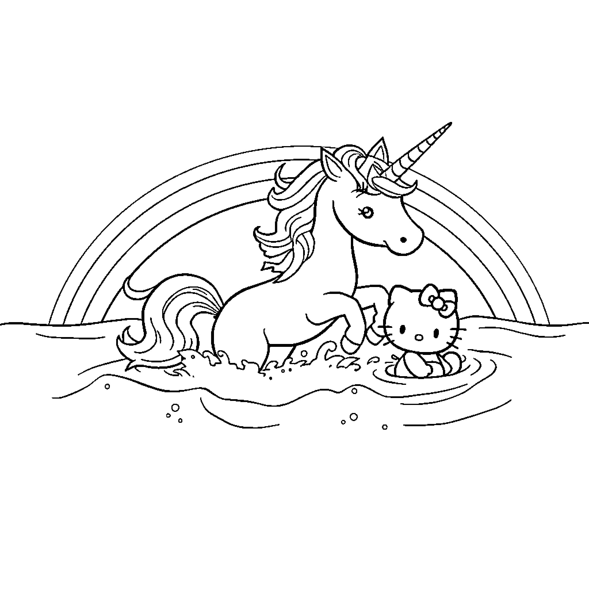 Unicorn and Hello Kitty playing in magical landscape Coloring Page (free black-and-white line drawing printable PDF for all, from beginners to advanced learners, including children, teens, adults, and seniors)