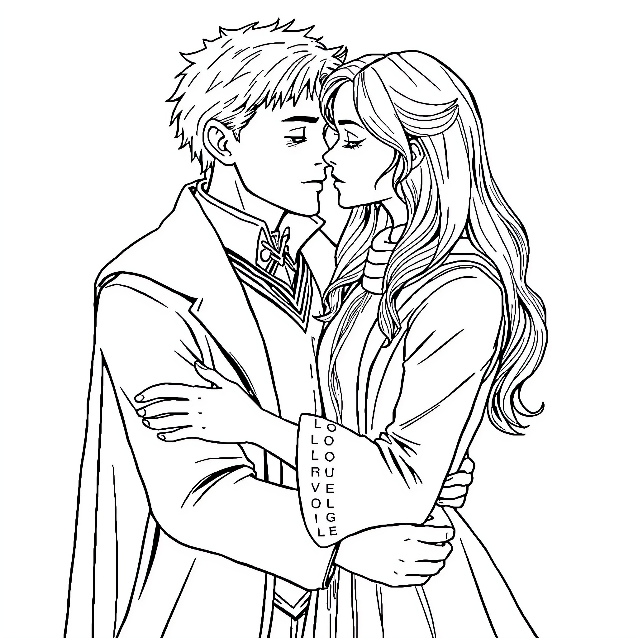Draco Malfoy and Hermione Granger in Intimate Embrace Coloring Page (free black-and-white line drawing printable PDF for all, from beginners to advanced learners, including children, teens, adults, and seniors)