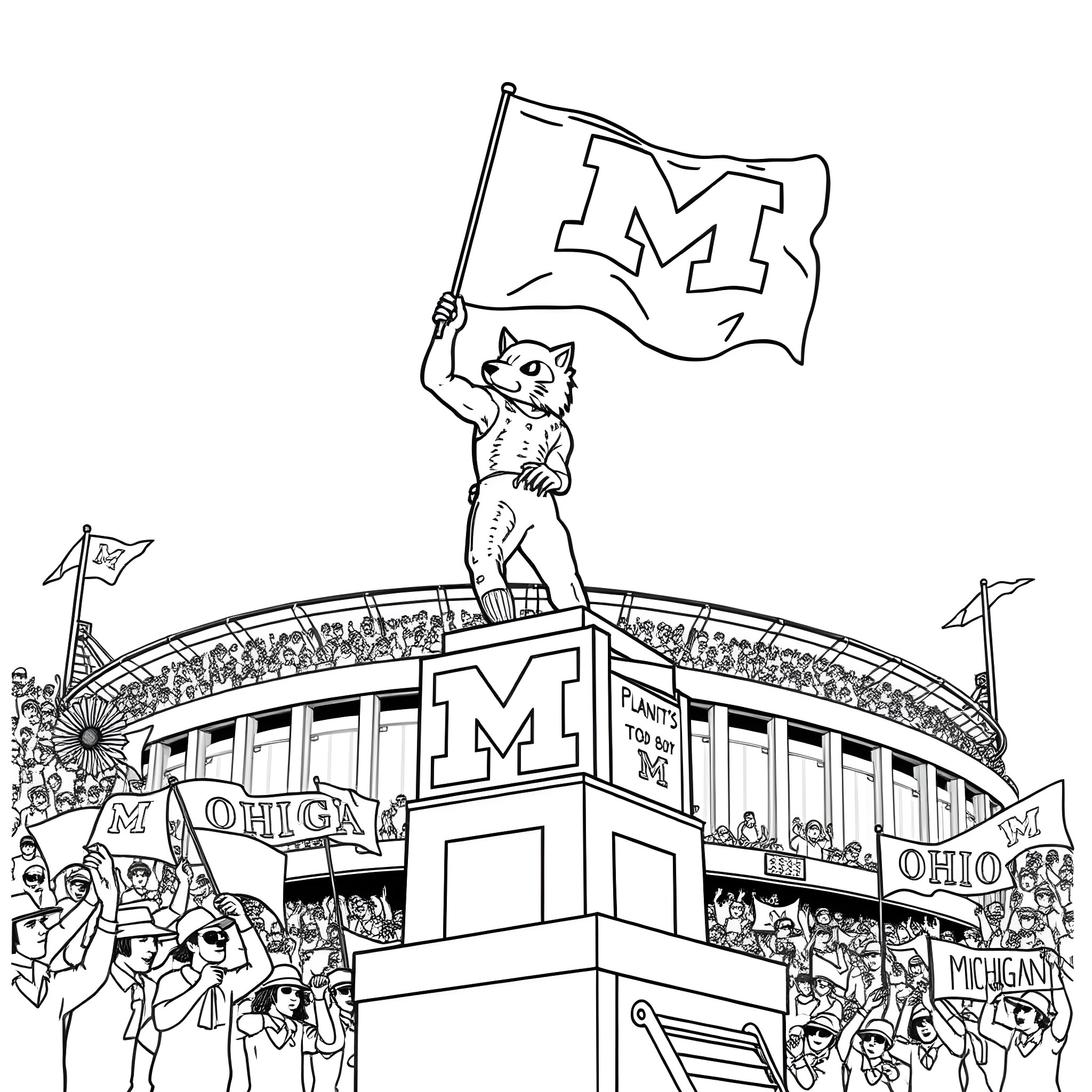 Wolverine Mascot Cheering in the Stadium Coloring Page (free black-and-white line drawing printable PDF for all, from beginners to advanced learners, including children, teens, adults, and seniors)