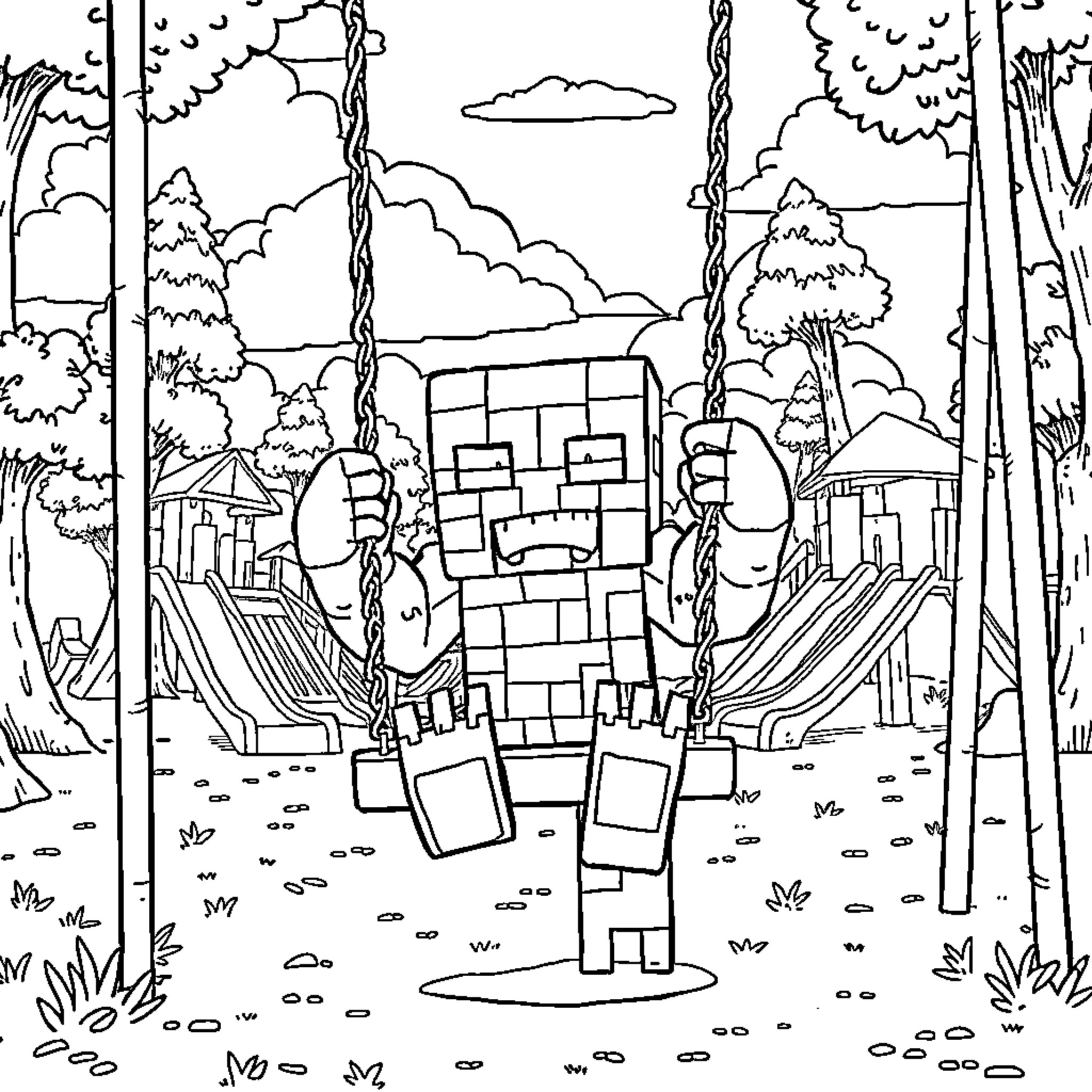 Minecraft Monster enjoying the outdoors on a swing Coloring Page (free black-and-white line drawing printable PDF for all, from beginners to advanced learners, including children, teens, adults, and seniors)