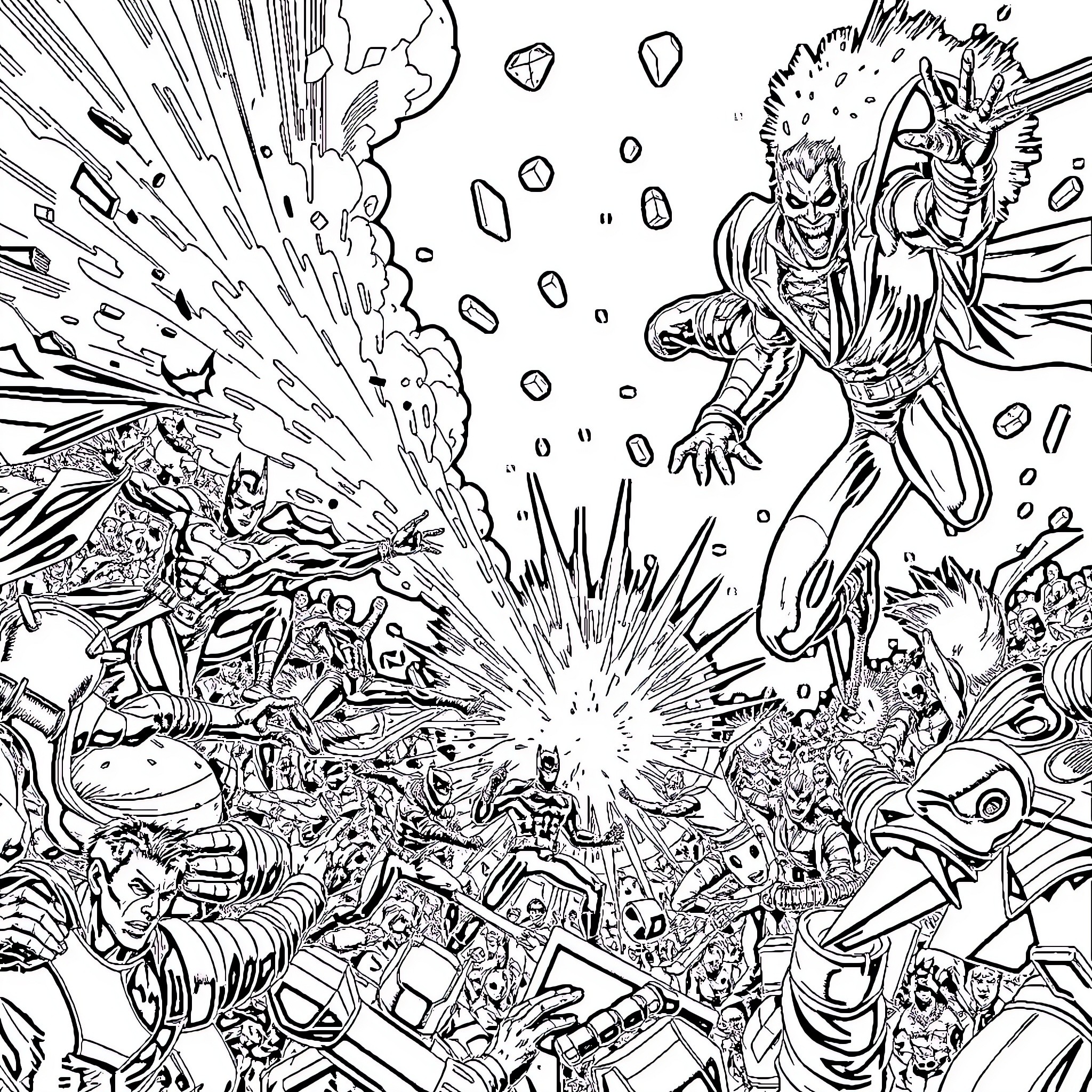 Superhero battling in an intense action-packed scene Coloring Page (free black-and-white line drawing printable PDF for all, from beginners to advanced learners, including children, teens, adults, and seniors)