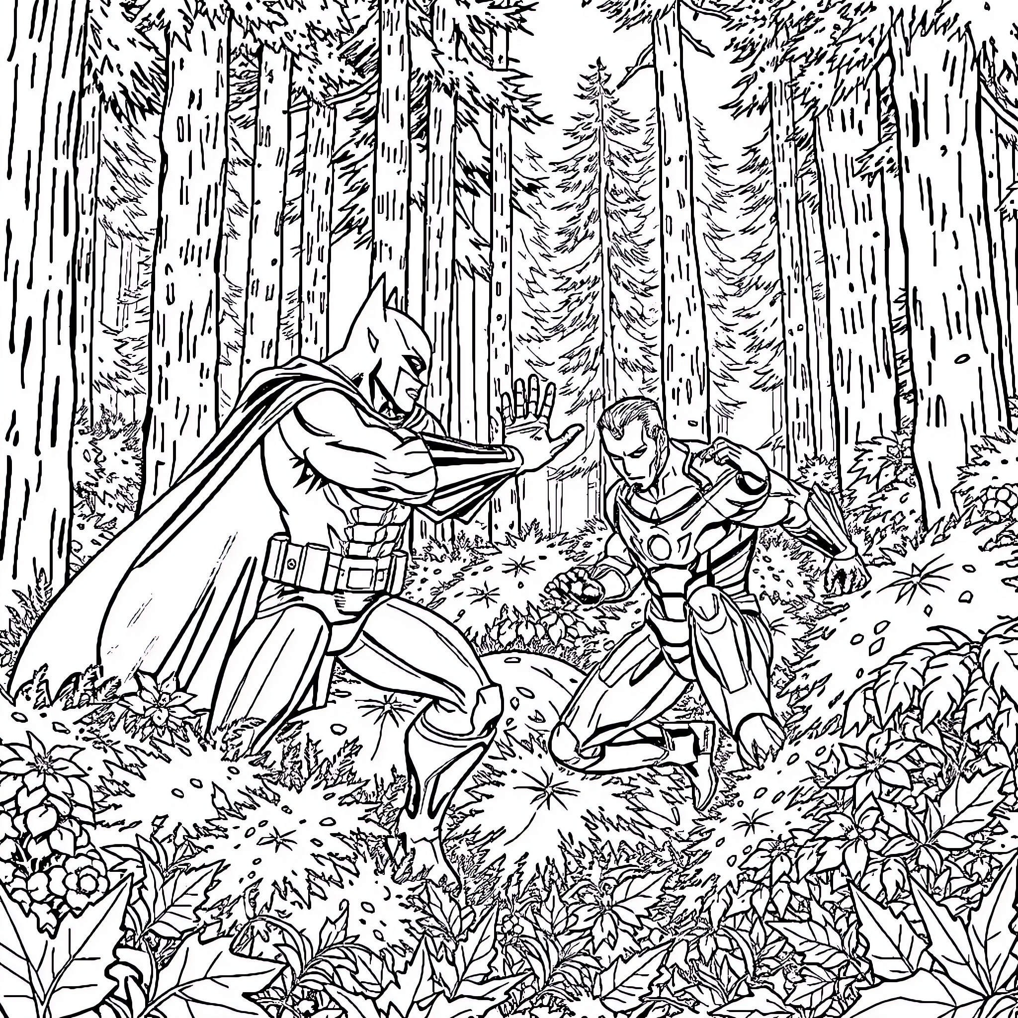 Batman and a Superhero in an Intense Battle in the Forest Coloring Page (free black-and-white line drawing printable PDF for all, from beginners to advanced learners, including children, teens, adults, and seniors)
