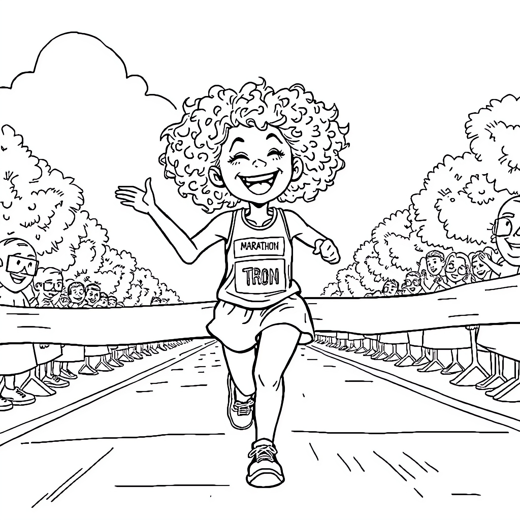 Runner celebrating cheerfully at finish line Coloring Page (free black-and-white line drawing printable PDF for all, from beginners to advanced learners, including children, teens, adults, and seniors)