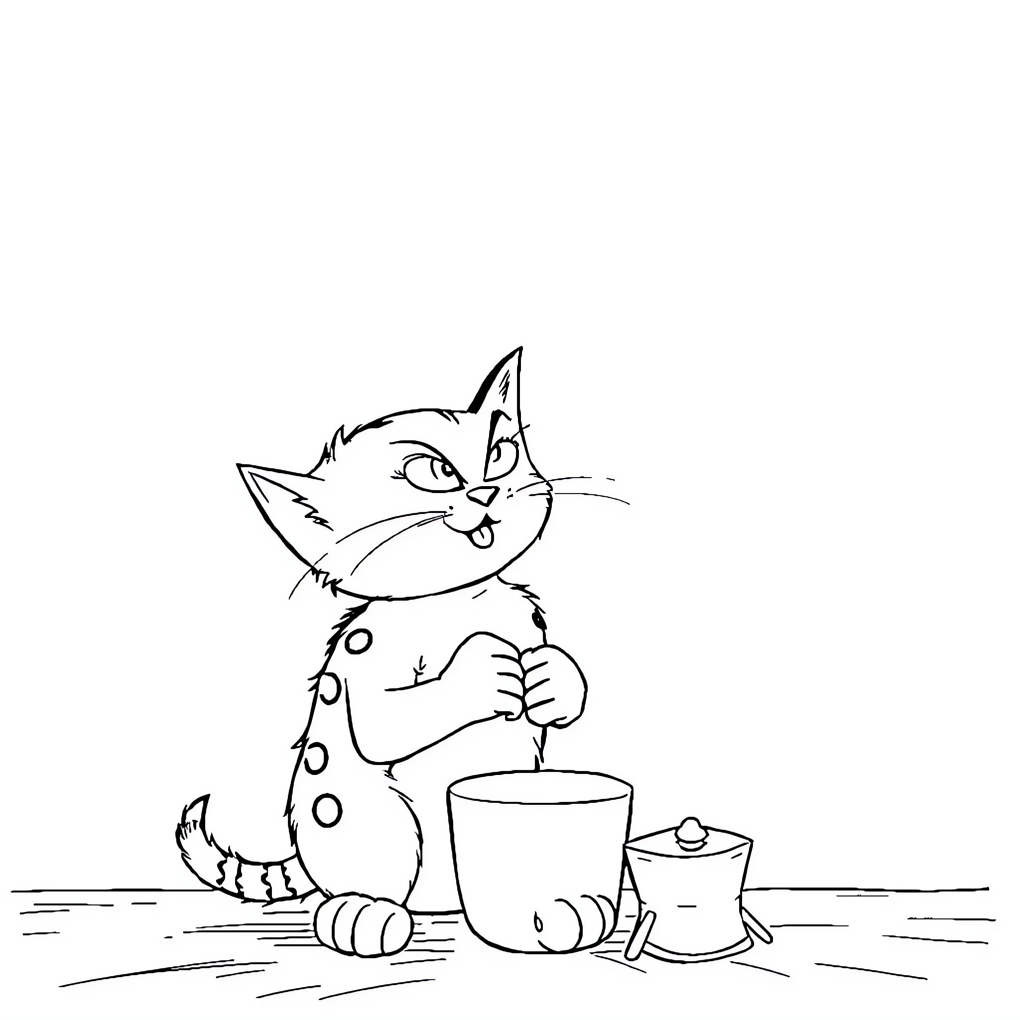 Chat with Curious Cat and Teapot Coloring Page (free black-and-white line drawing printable PDF for all, from beginners to advanced learners, including children, teens, adults, and seniors)