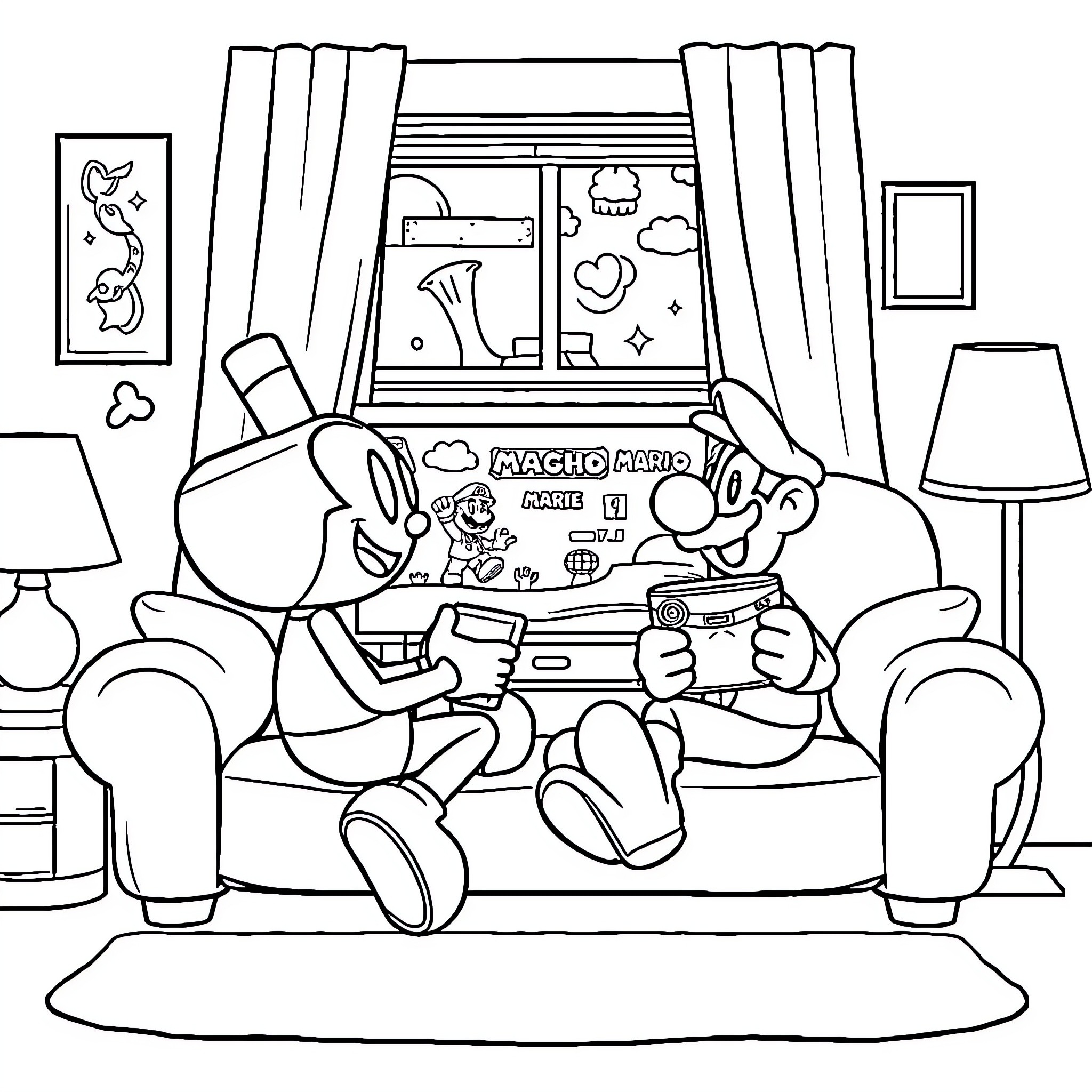Cuphead characters playing video game on couch Coloring Page (free black-and-white line drawing printable PDF for all, from beginners to advanced learners, including children, teens, adults, and seniors)