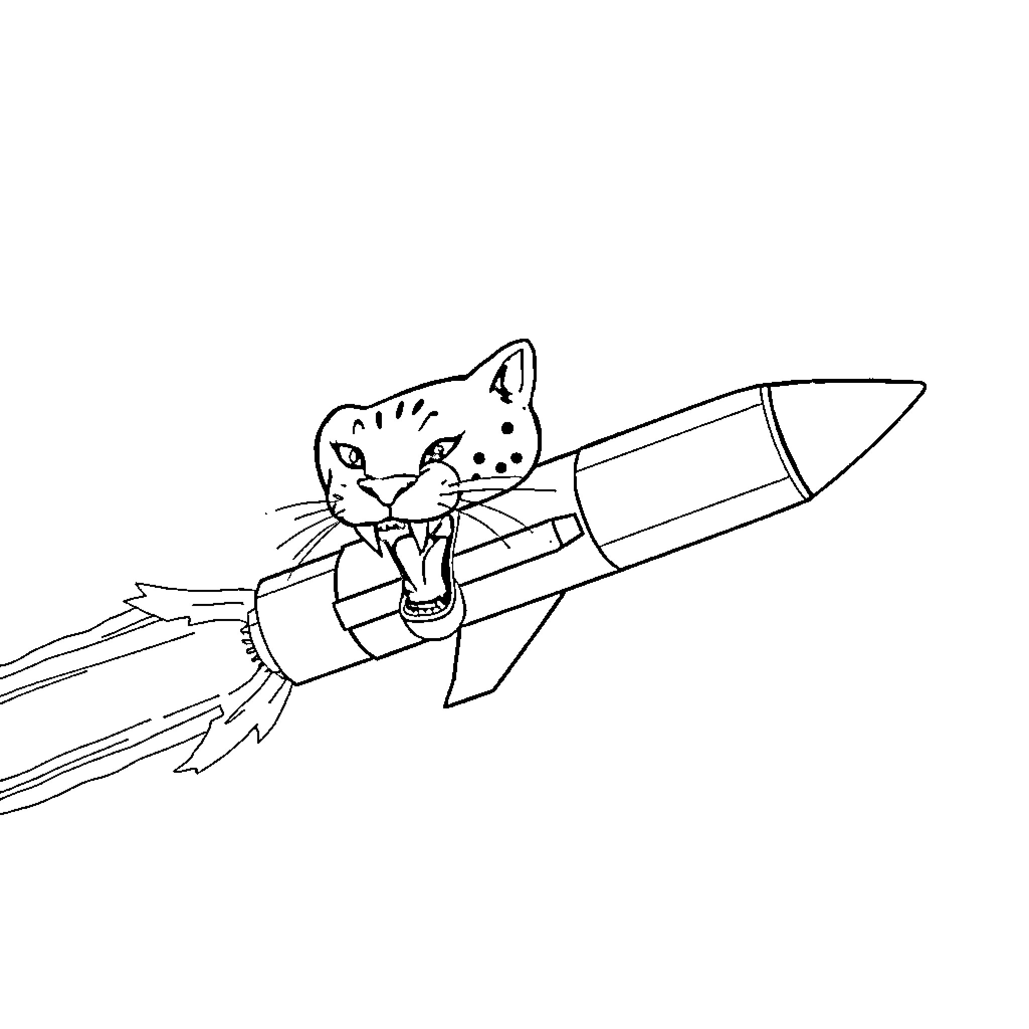 Missile carrying a determined feline explorer Coloring Page (free black-and-white line drawing printable PDF for all, from beginners to advanced learners, including children, teens, adults, and seniors)