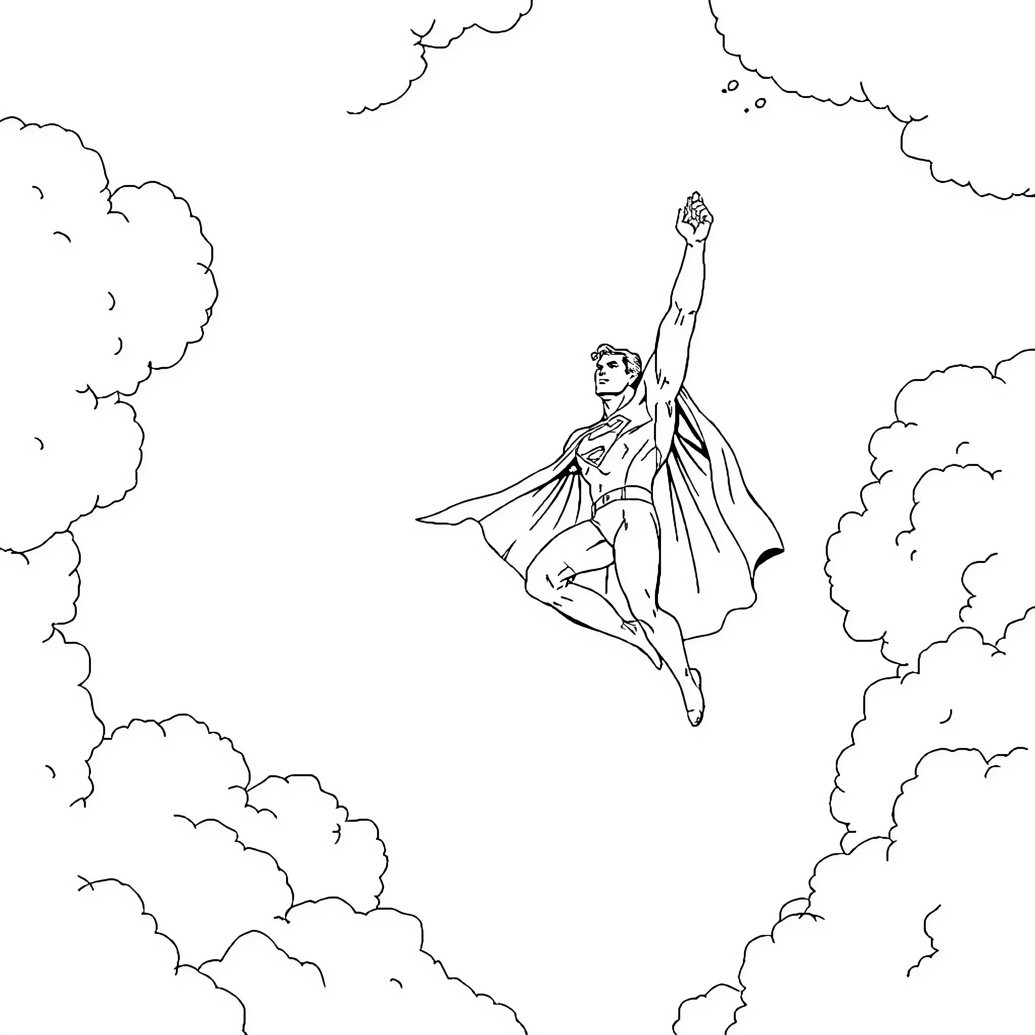 Superman soaring through the clouds with outstretched arms Coloring Page (free black-and-white line drawing printable PDF for all, from beginners to advanced learners, including children, teens, adults, and seniors)