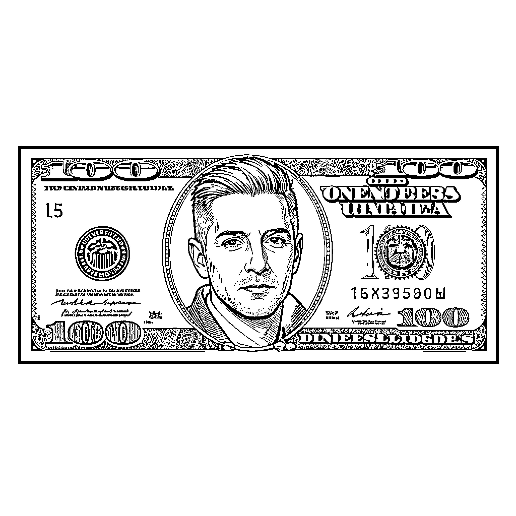 Eminem featured on a stylized banknote design Coloring Page (free black-and-white line drawing printable PDF for all, from beginners to advanced learners, including children, teens, adults, and seniors)