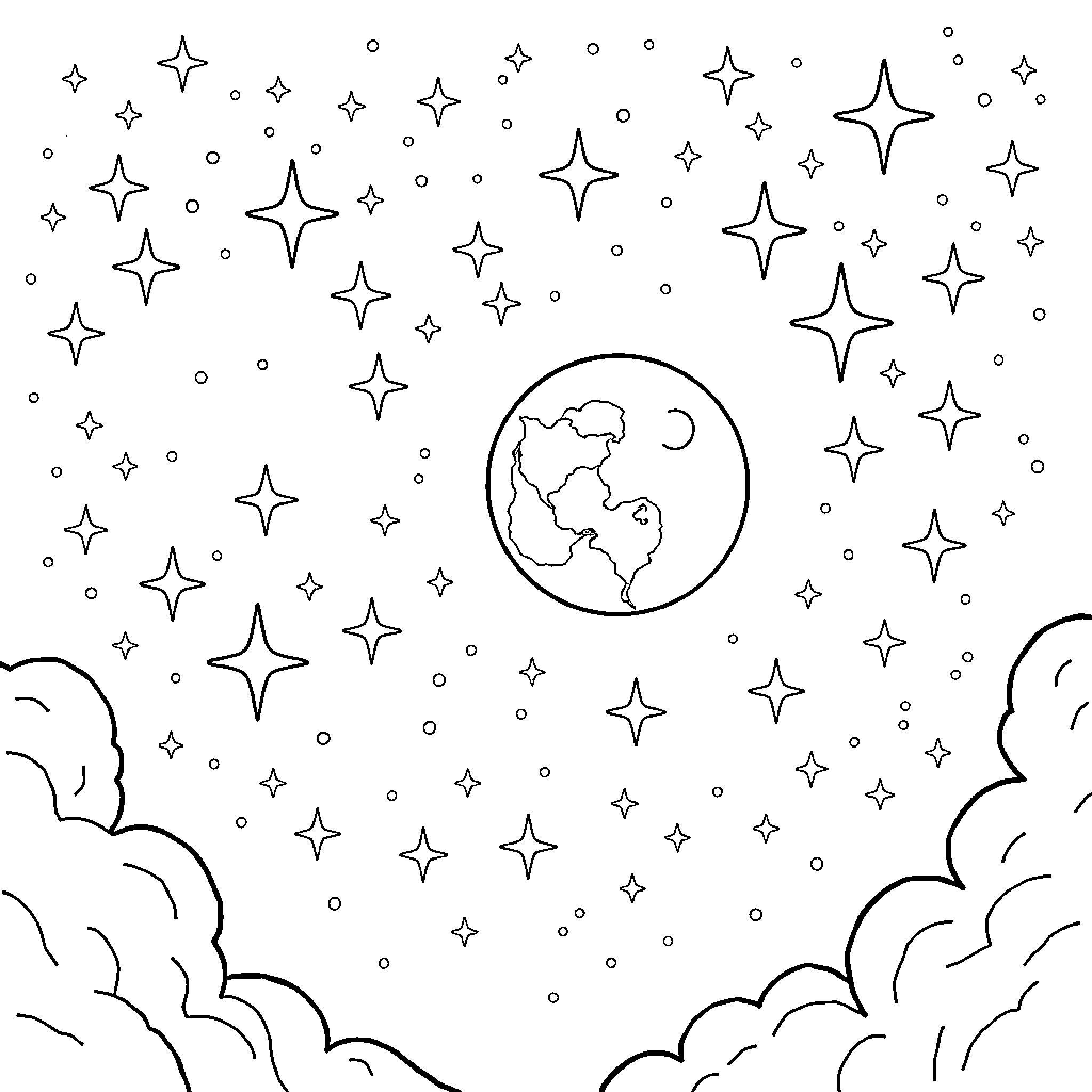 Celestial Night Sky with Earth and Clouds Coloring Page (free black-and-white line drawing printable PDF for all, from beginners to advanced learners, including children, teens, adults, and seniors)