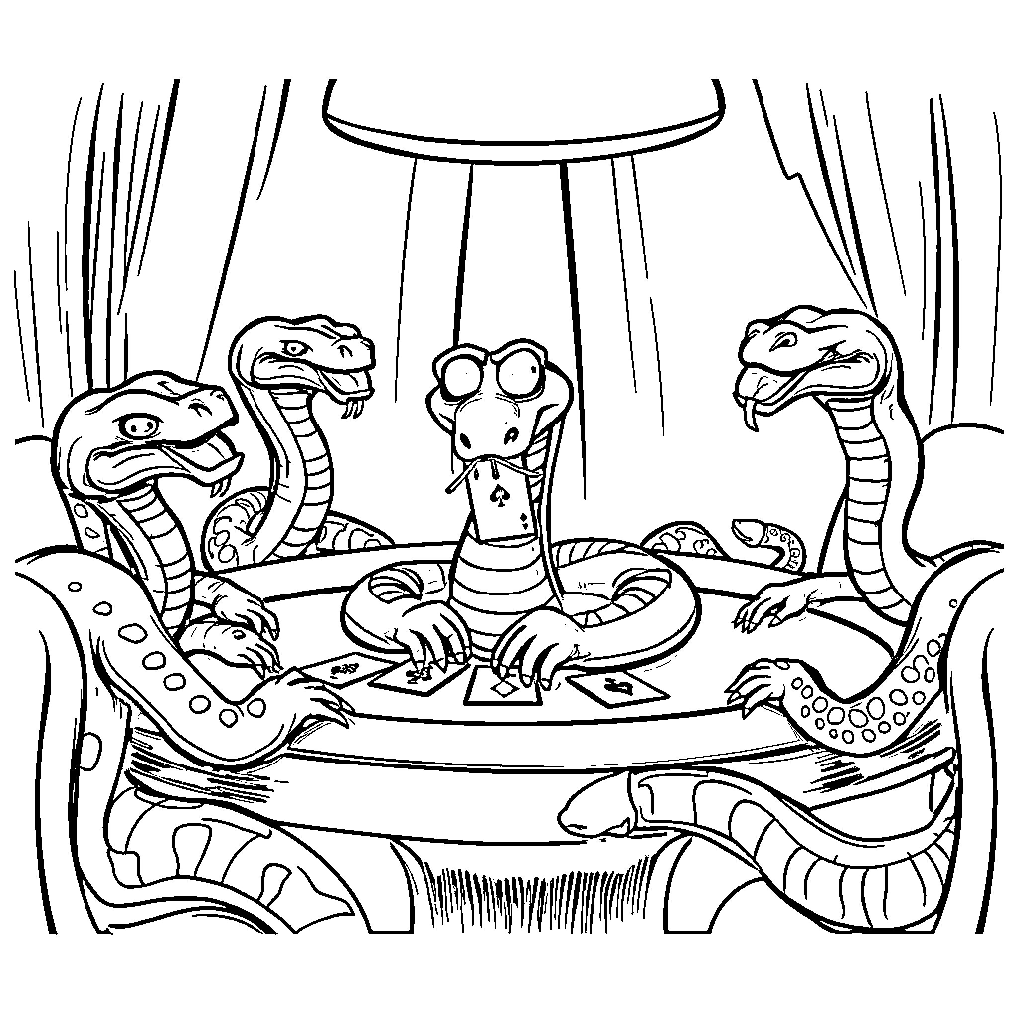 Snake performance on circus stage Coloring Page (free black-and-white line drawing printable PDF for all, from beginners to advanced learners, including children, teens, adults, and seniors)