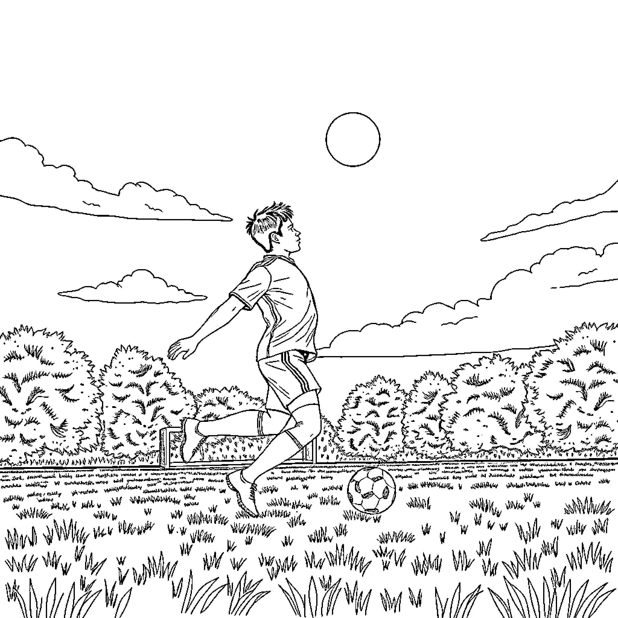 Jugador de Fútbol practicing dribbling in the field Coloring Page (free black-and-white line drawing printable PDF for all, from beginners to advanced learners, including children, teens, adults, and seniors)