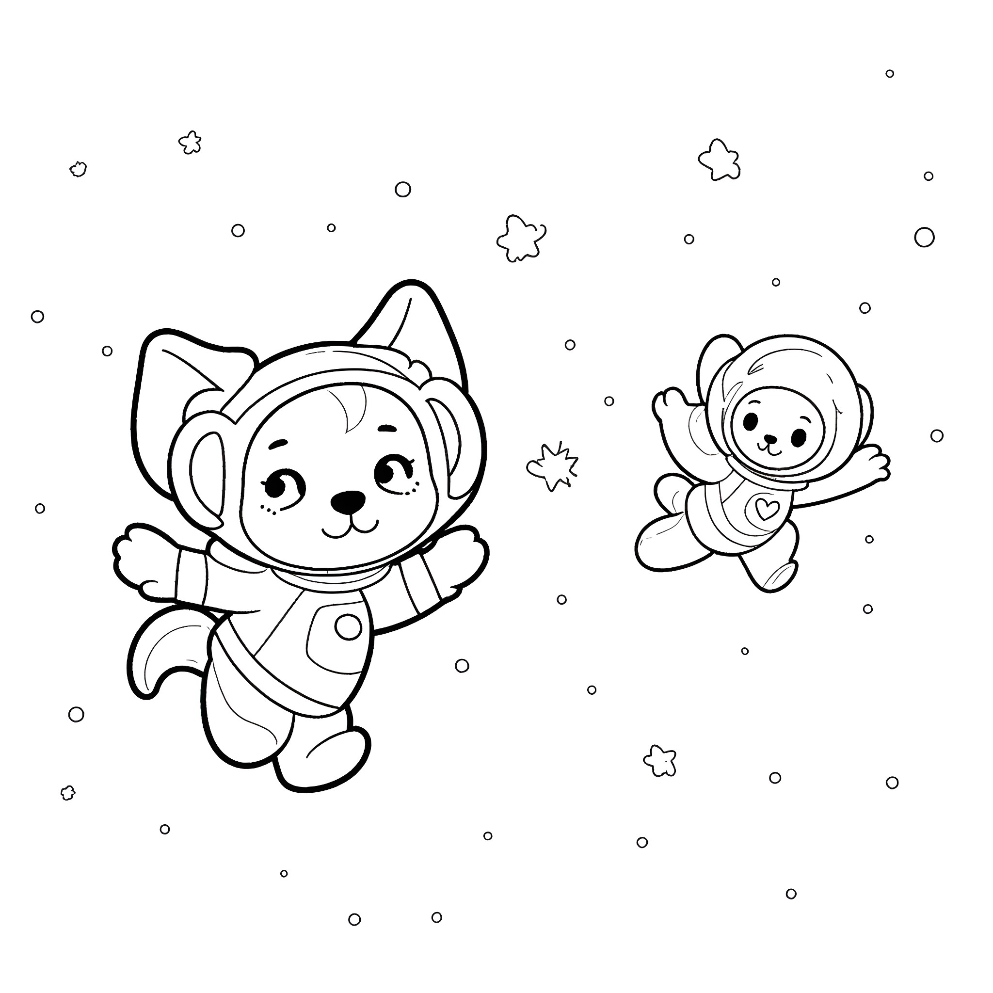 Dog Astronauts Exploring the Cosmos Coloring Page (free black-and-white line drawing printable PDF for all, from beginners to advanced learners, including children, teens, adults, and seniors)