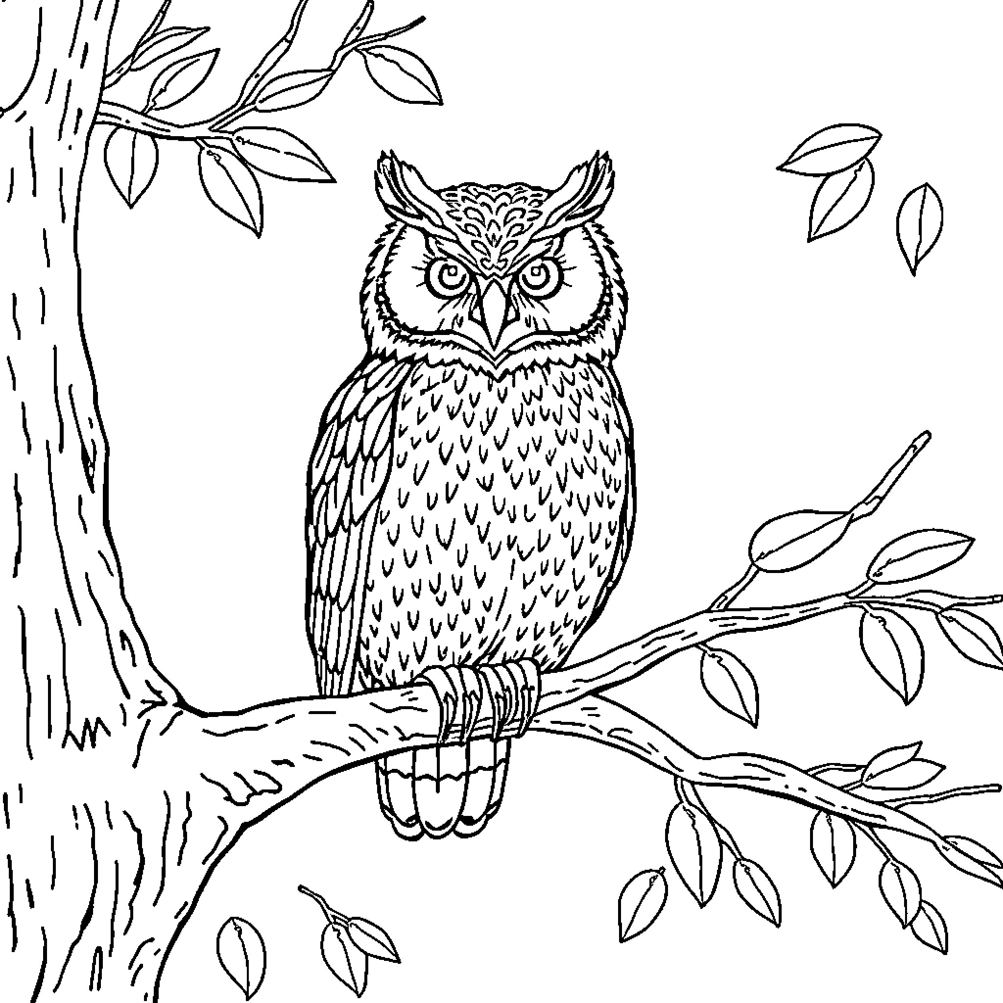 Owl perched on a tree branch Coloring Page (free black-and-white line drawing printable PDF for all, from beginners to advanced learners, including children, teens, adults, and seniors)