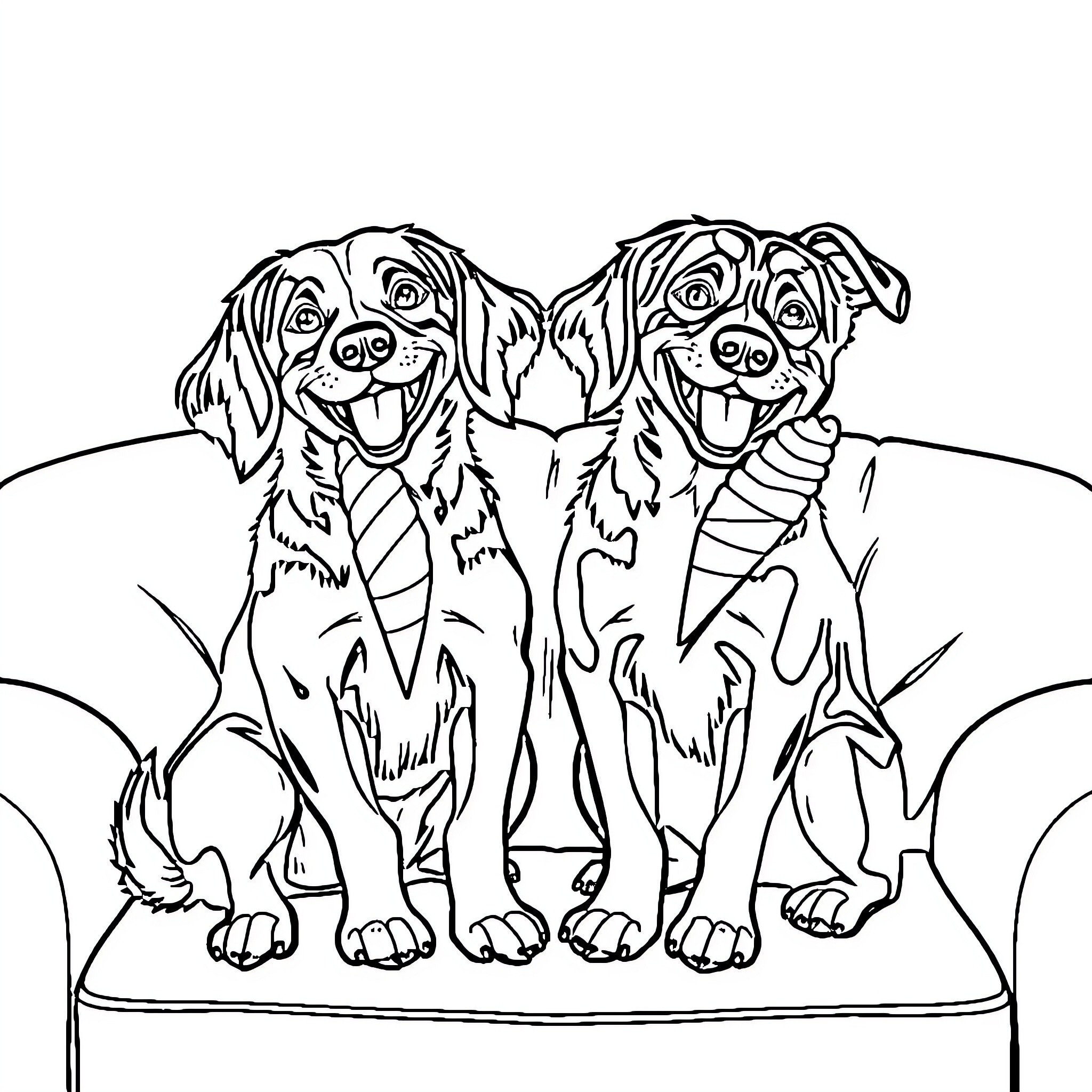 Dogs Relaxing on Couch Coloring Page (free black-and-white line drawing printable PDF for all, from beginners to advanced learners, including children, teens, adults, and seniors)