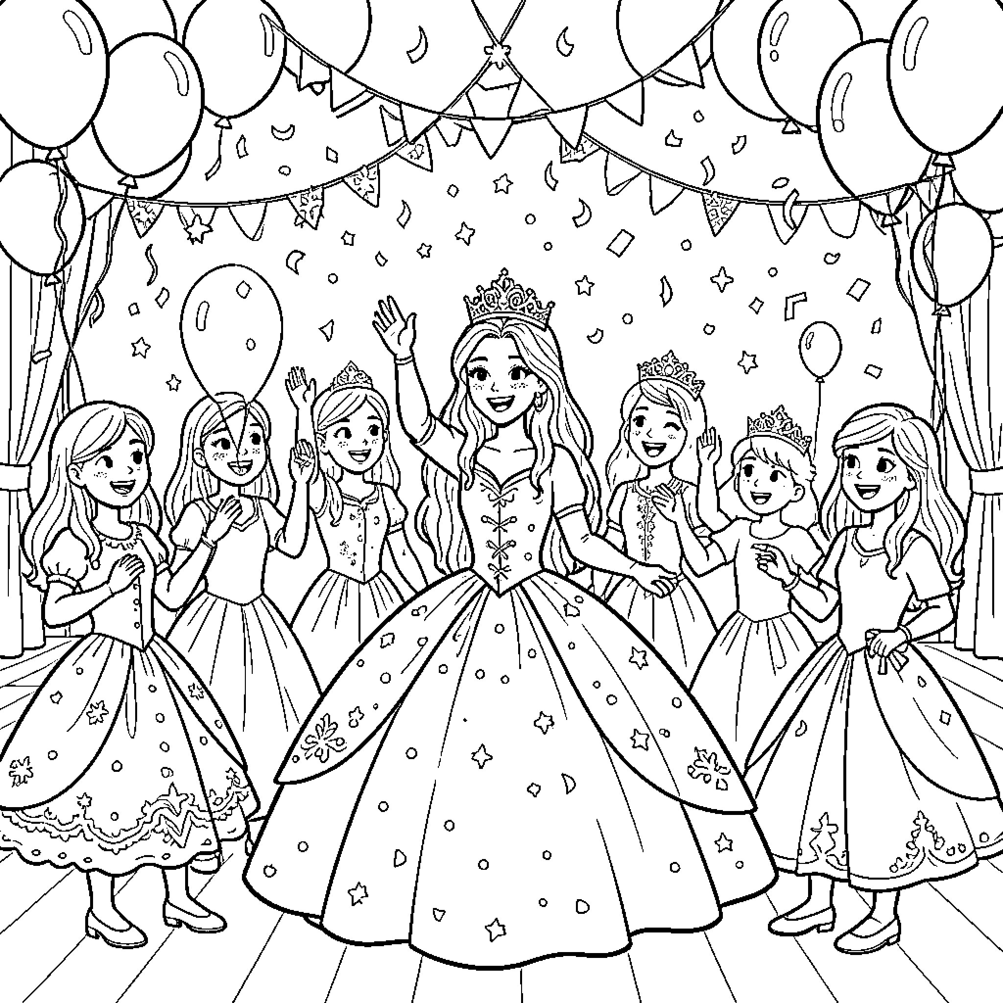 Princess celebrating a joyful party with her friends Coloring Page (free black-and-white line drawing printable PDF for all, from beginners to advanced learners, including children, teens, adults, and seniors)