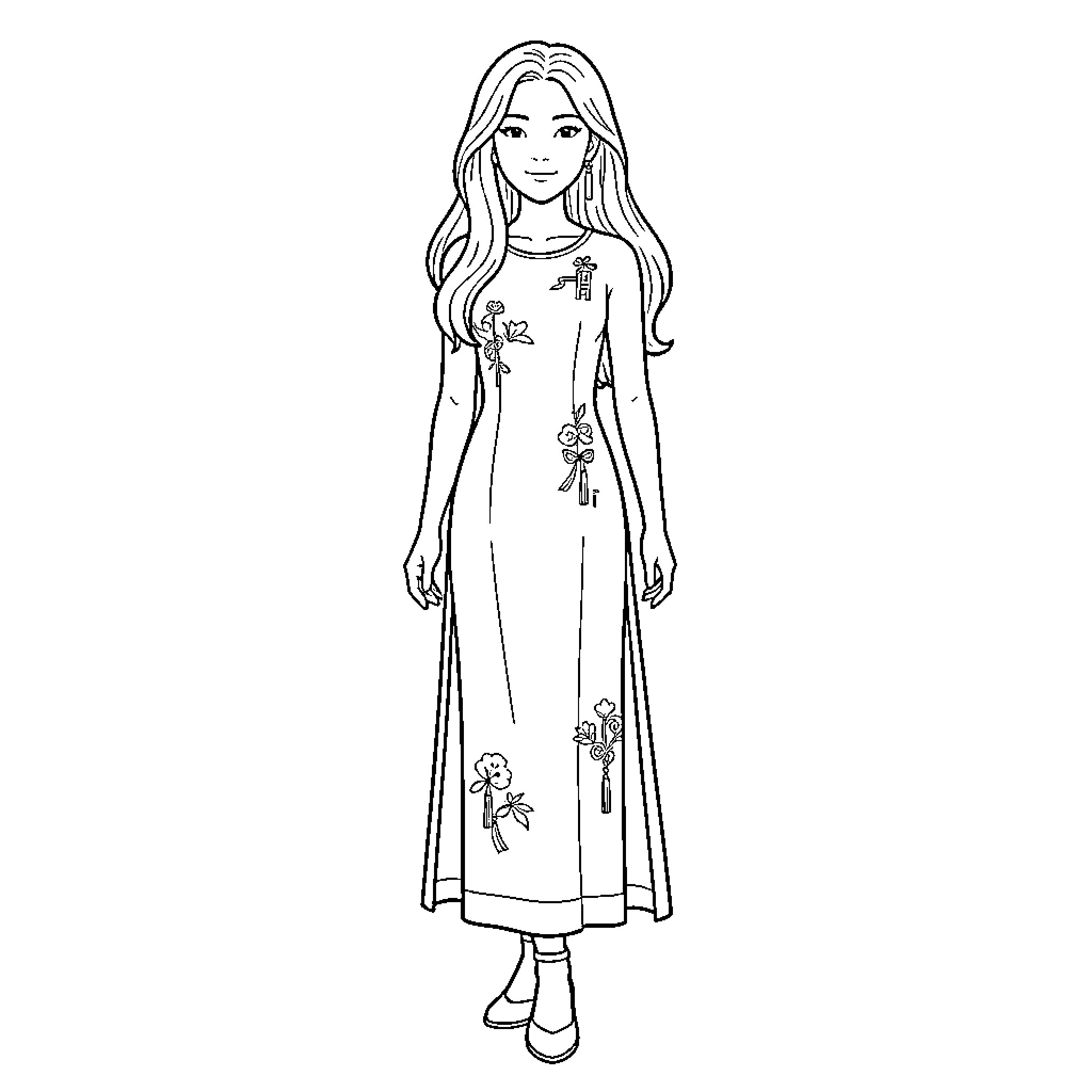 Woman wearing a long floral dress Coloring Page (free black-and-white line drawing printable PDF for all, from beginners to advanced learners, including children, teens, adults, and seniors)
