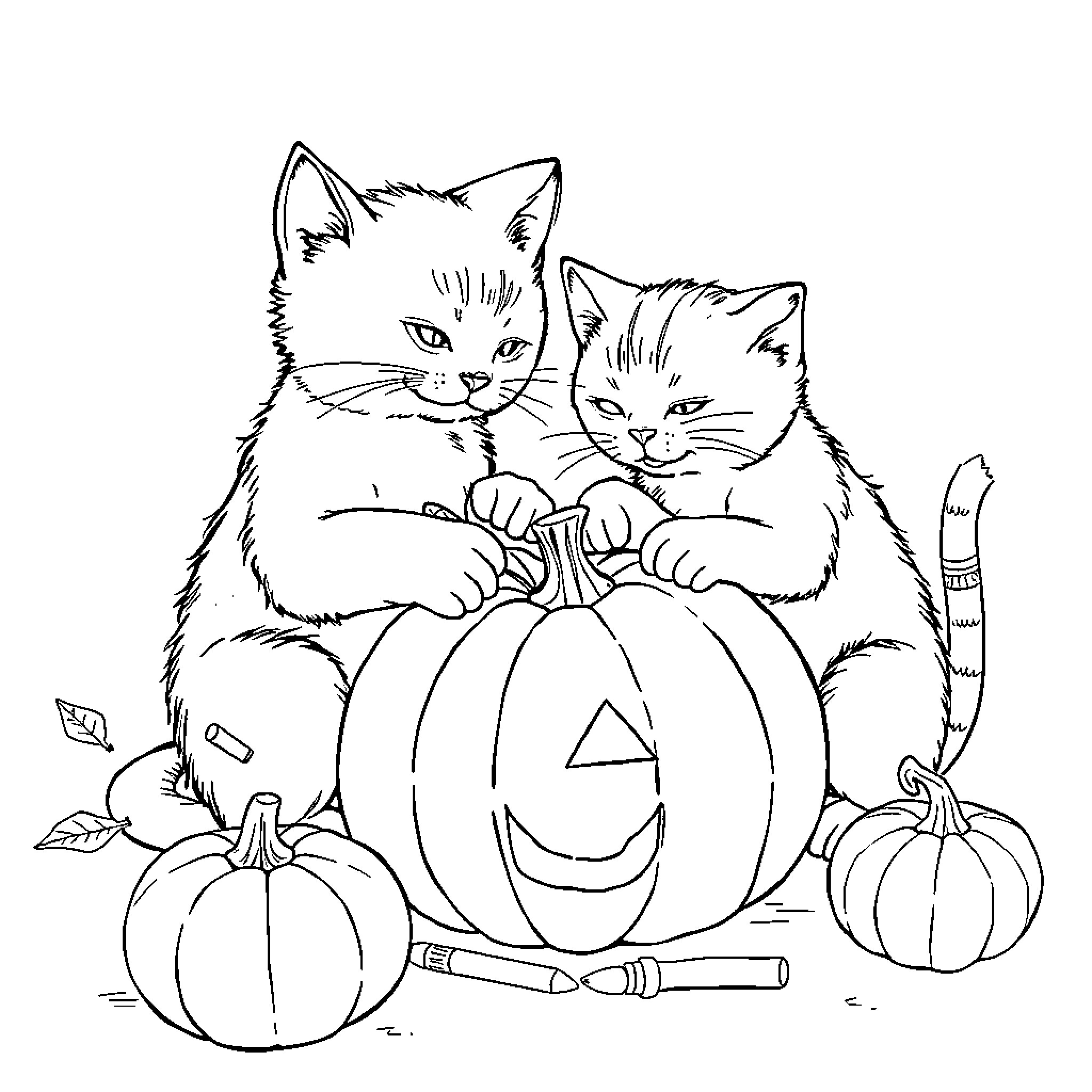 Cats with Halloween Pumpkins Coloring Page (free black-and-white line drawing printable PDF for all, from beginners to advanced learners, including children, teens, adults, and seniors)