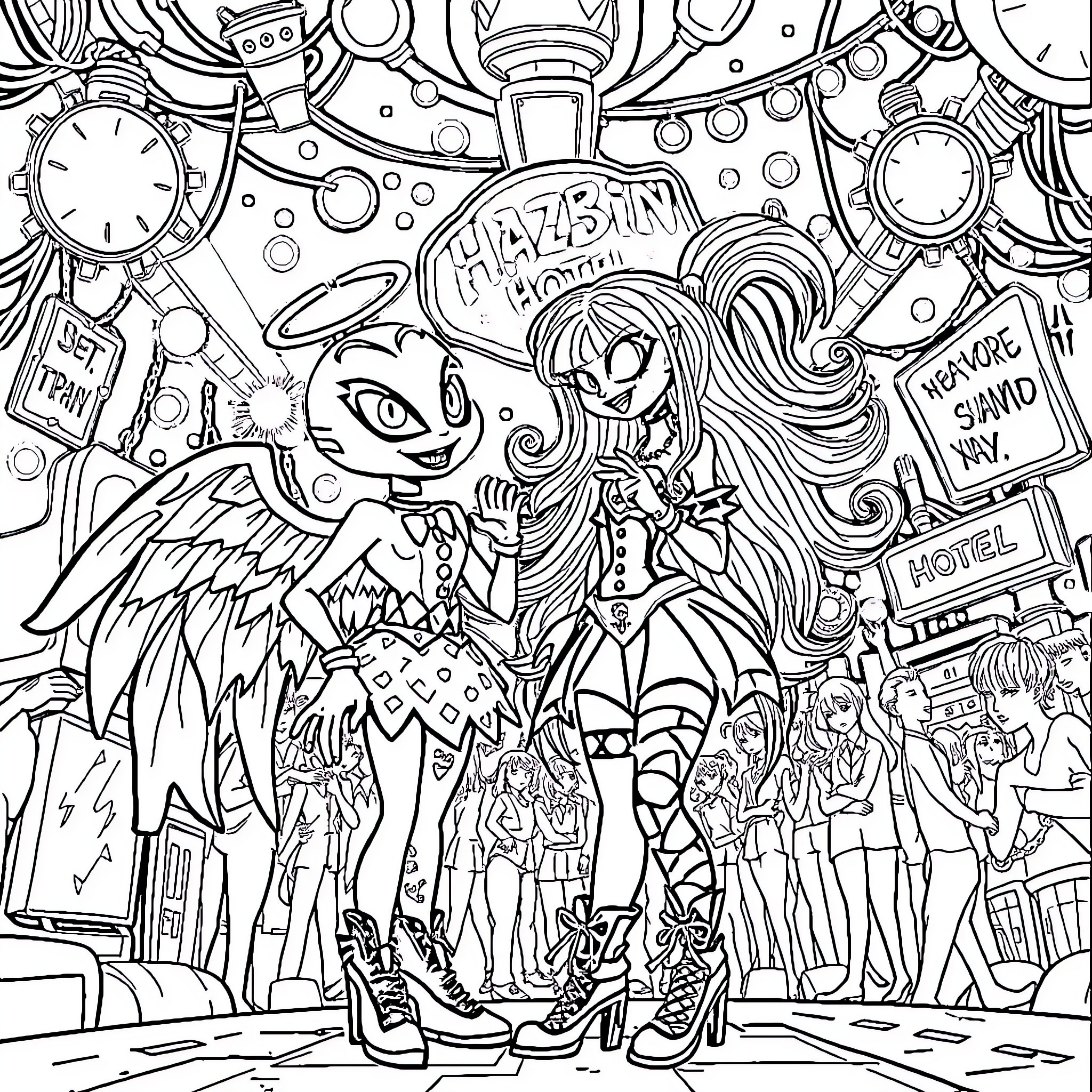 Angeldust's Surreal Fashion Show Extravaganza Coloring Page (free black-and-white line drawing printable PDF for all, from beginners to advanced learners, including children, teens, adults, and seniors)