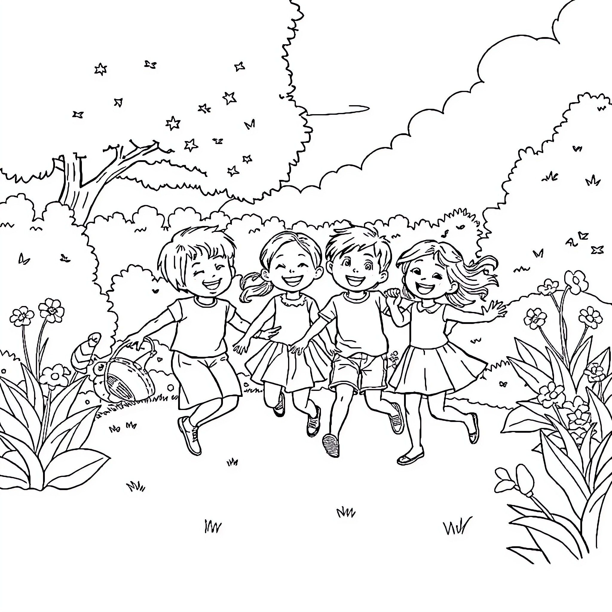 Quadruplets playing joyfully in a vibrant garden Coloring Page (free black-and-white line drawing printable PDF for all, from beginners to advanced learners, including children, teens, adults, and seniors)