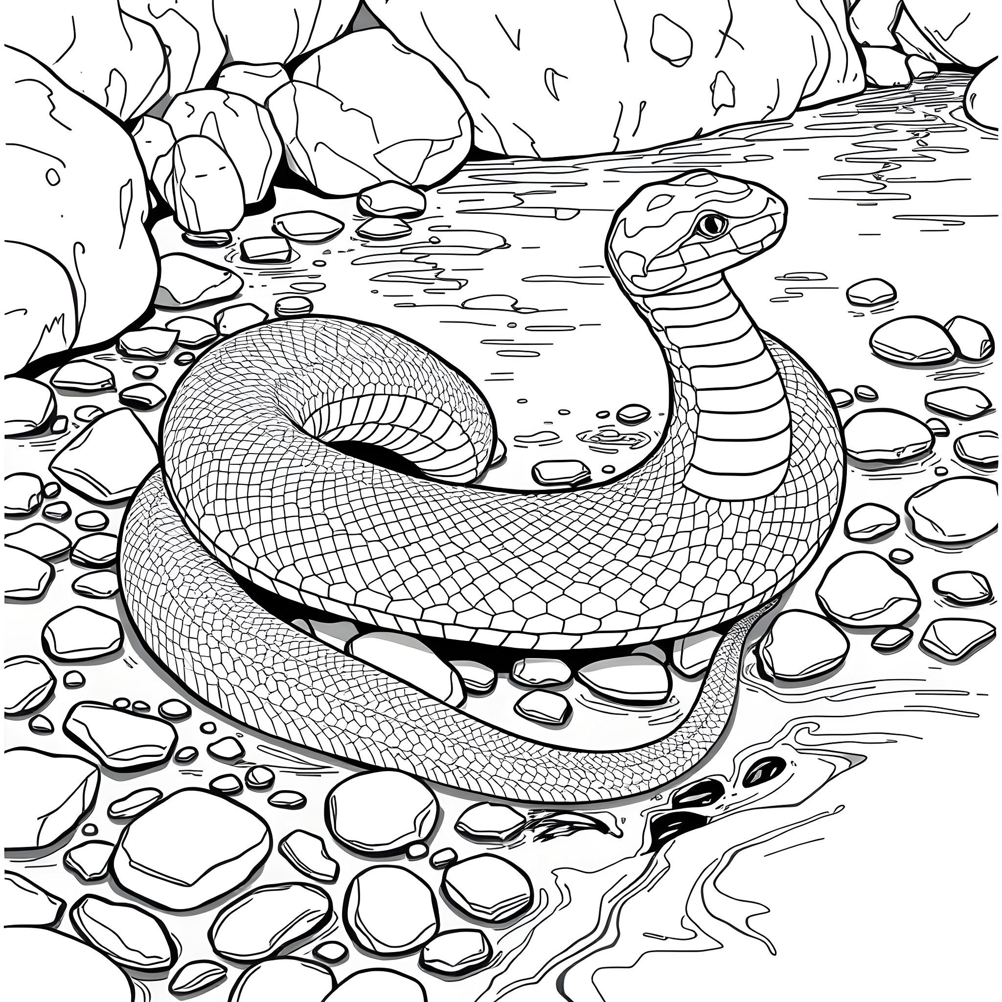 Snake coiled among rocks and pebbles Coloring Page (free black-and-white line drawing printable PDF for all, from beginners to advanced learners, including children, teens, adults, and seniors)