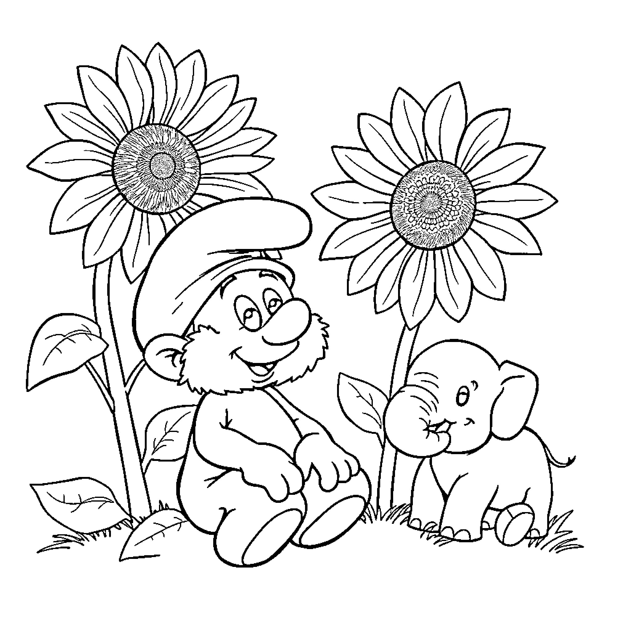 Elephant and Friends Enjoying Sunflowers Coloring Page (free black-and-white line drawing printable PDF for all, from beginners to advanced learners, including children, teens, adults, and seniors)