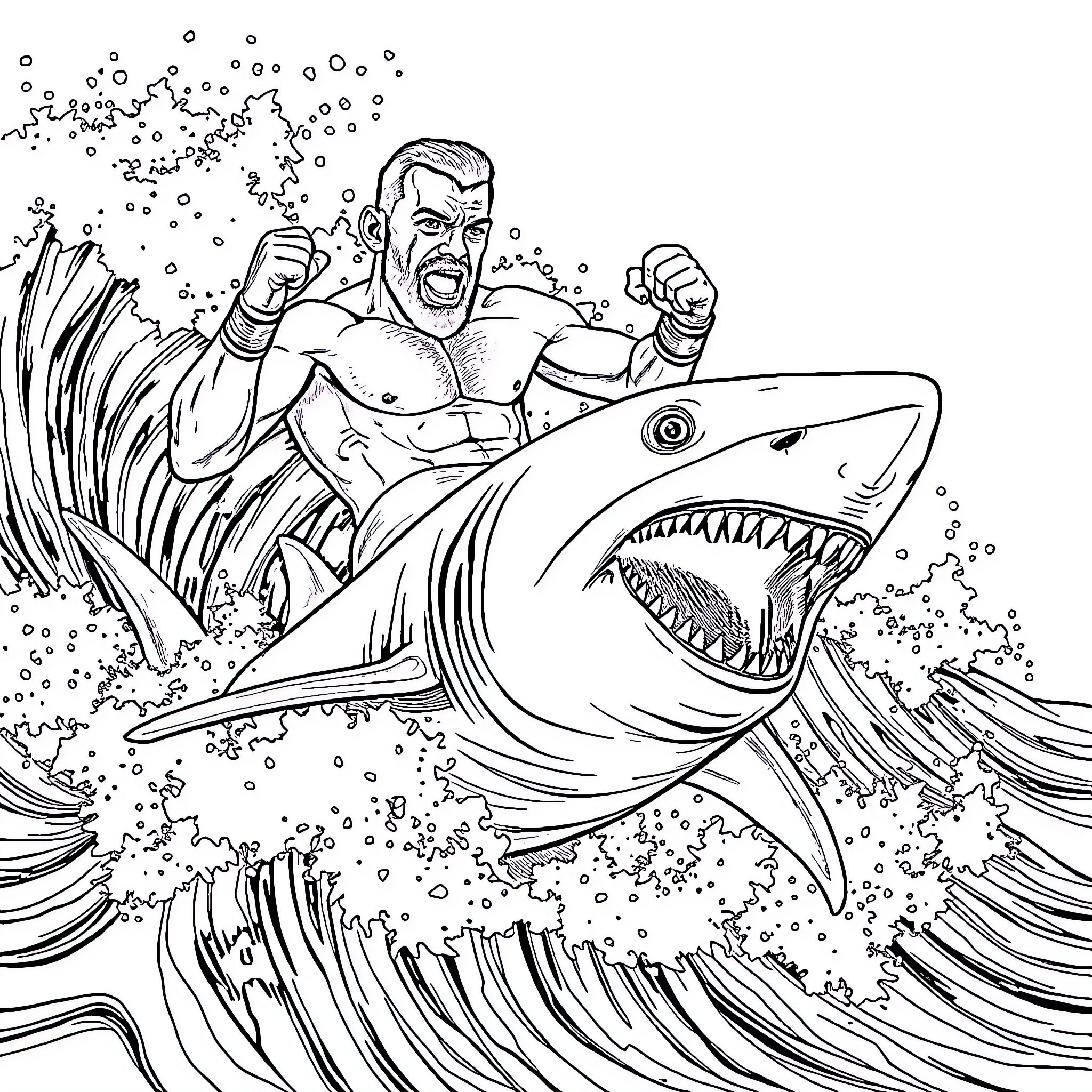 Conor McGregor riding a ferocious shark Coloring Page (free black-and-white line drawing printable PDF for all, from beginners to advanced learners, including children, teens, adults, and seniors)