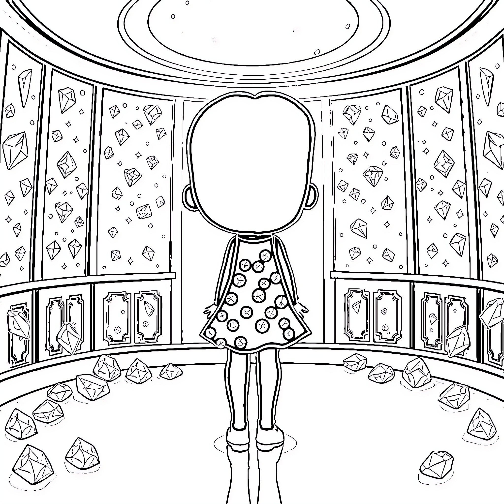 Lucy exploring a crystal-filled room Coloring Page (free black-and-white line drawing printable PDF for all, from beginners to advanced learners, including children, teens, adults, and seniors)