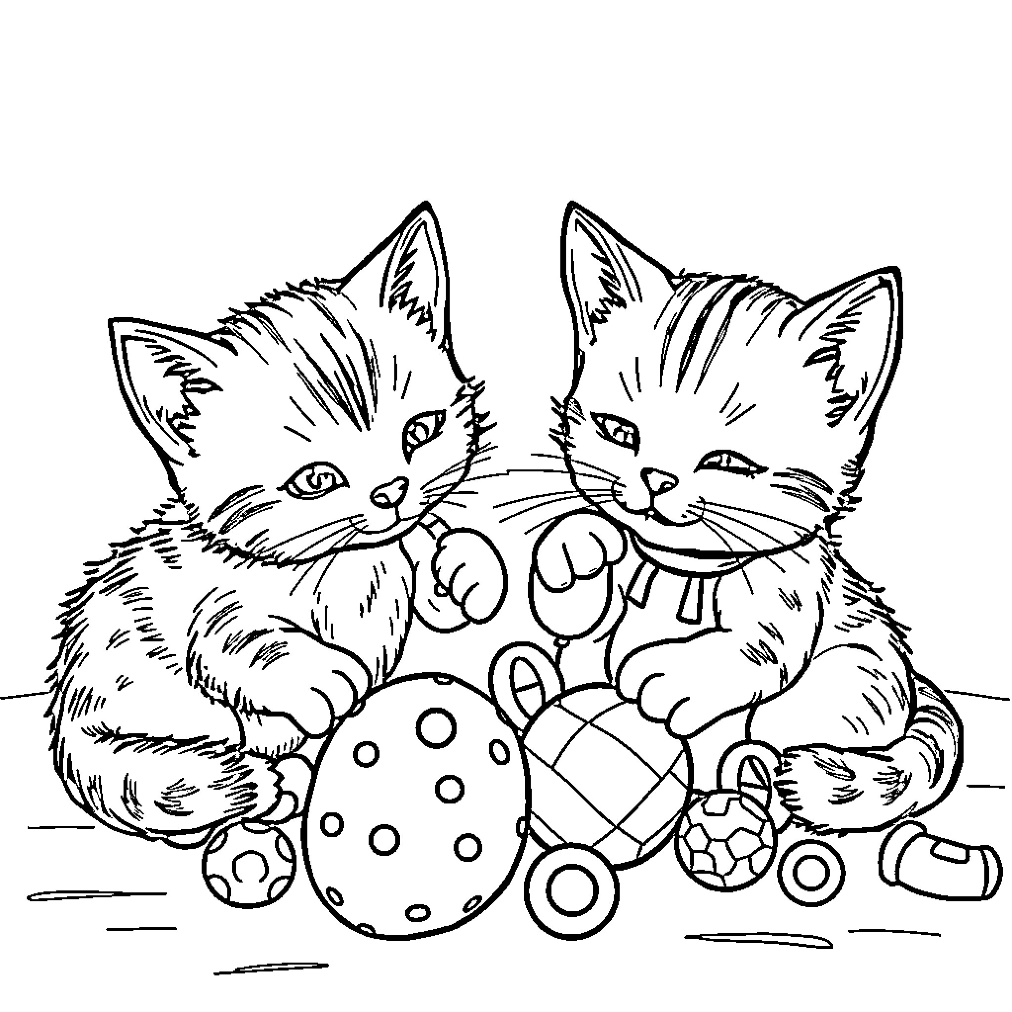 Cat Kittens Playing with Toys Coloring Page (free black-and-white line drawing printable PDF for all, from beginners to advanced learners, including children, teens, adults, and seniors)