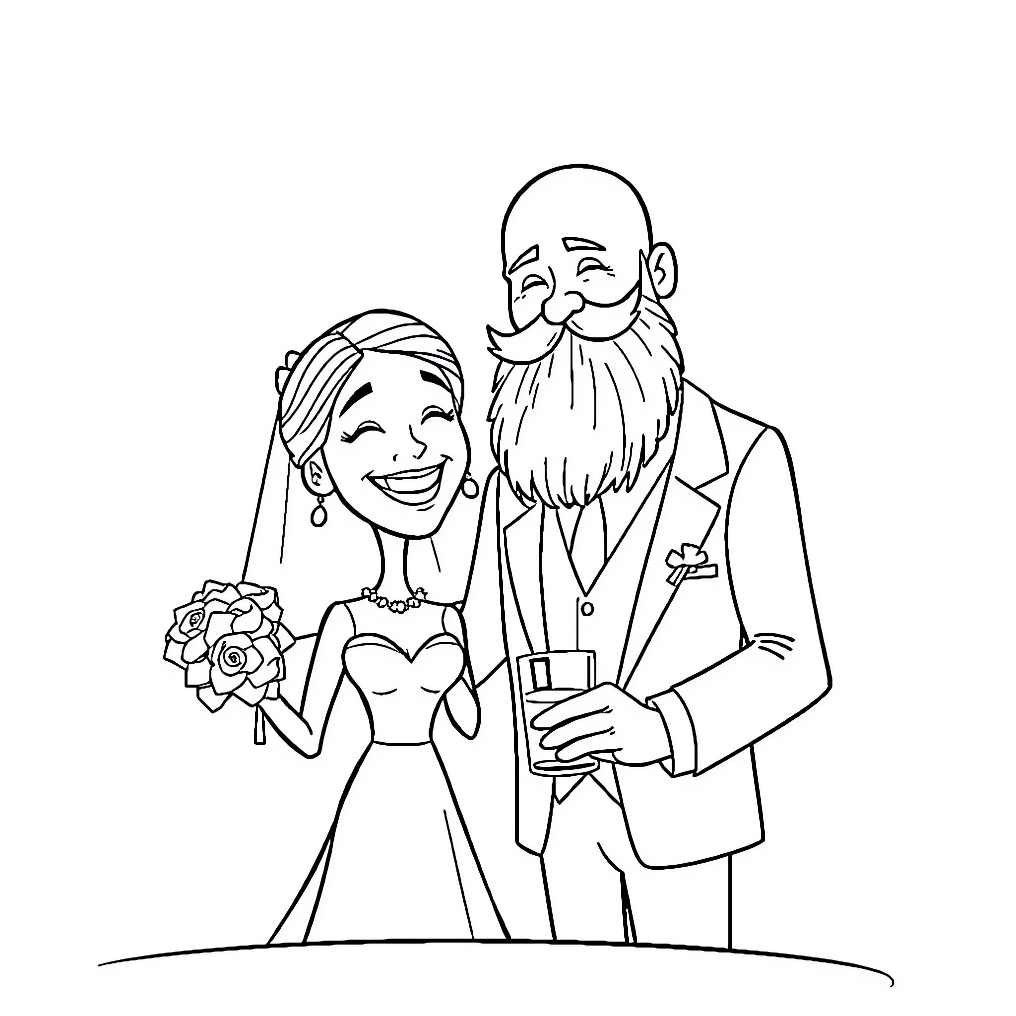 Bride and Groom Celebrating Joyous Wedding Ceremony Coloring Page (free black-and-white line drawing printable PDF for all, from beginners to advanced learners, including children, teens, adults, and seniors)