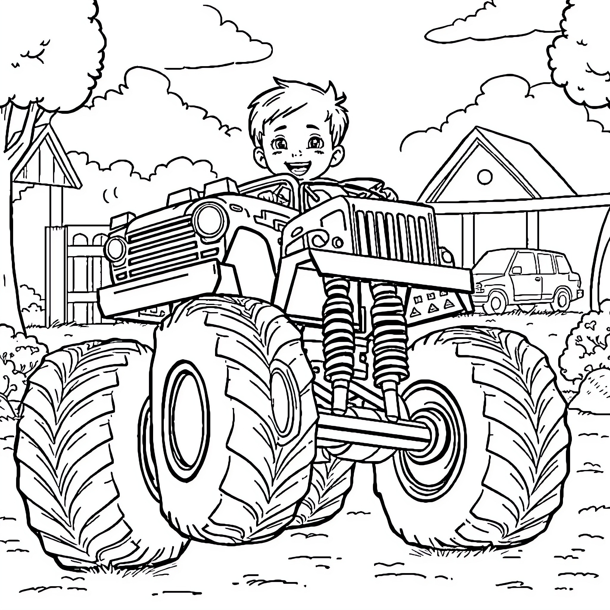 Monster Truck Driving Through the Countryside Coloring Page (free black-and-white line drawing printable PDF for all, from beginners to advanced learners, including children, teens, adults, and seniors)