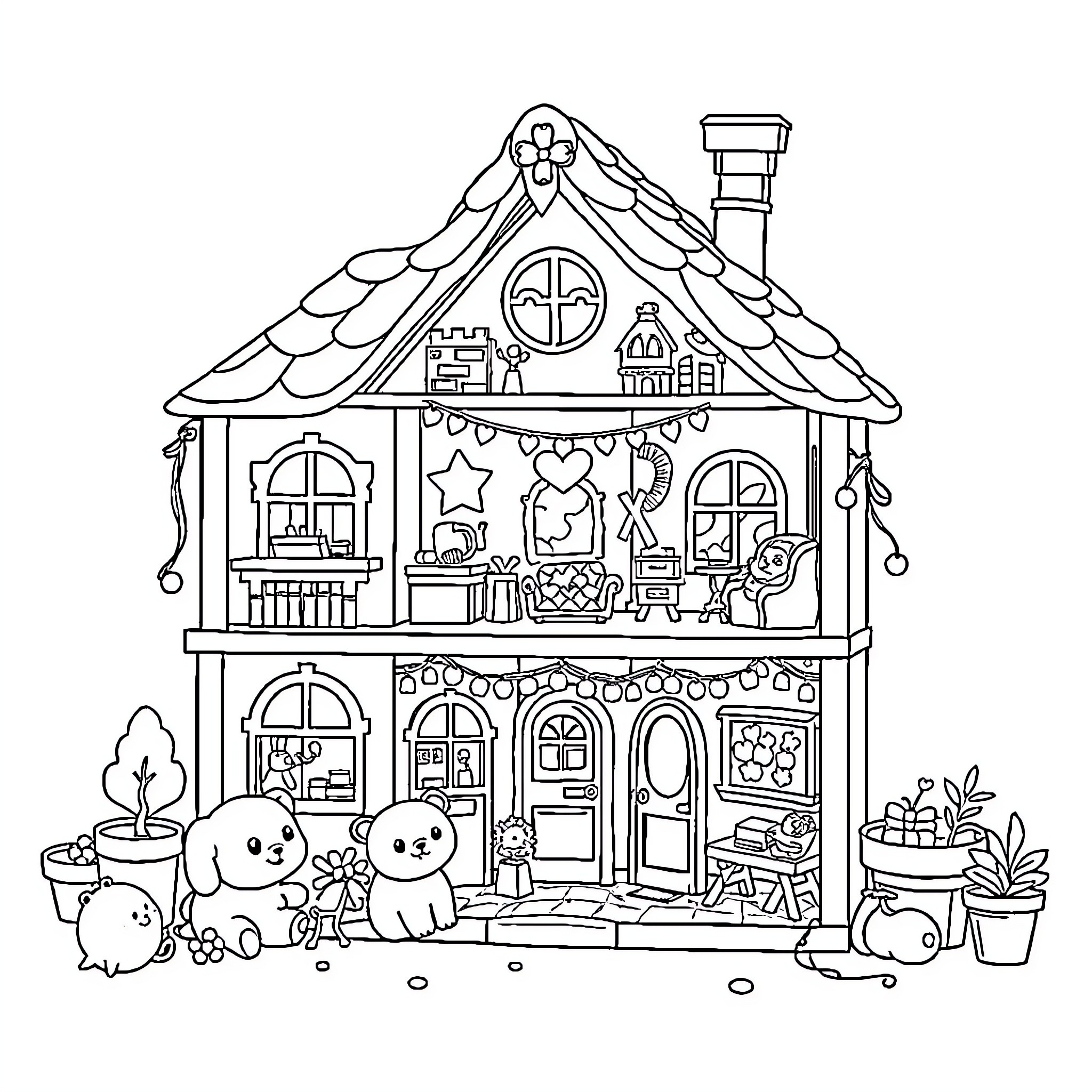 Gabby's Dollhouse featuring adorable characters and cozy home Coloring Page (free black-and-white line drawing printable PDF for all, from beginners to advanced learners, including children, teens, adults, and seniors)
