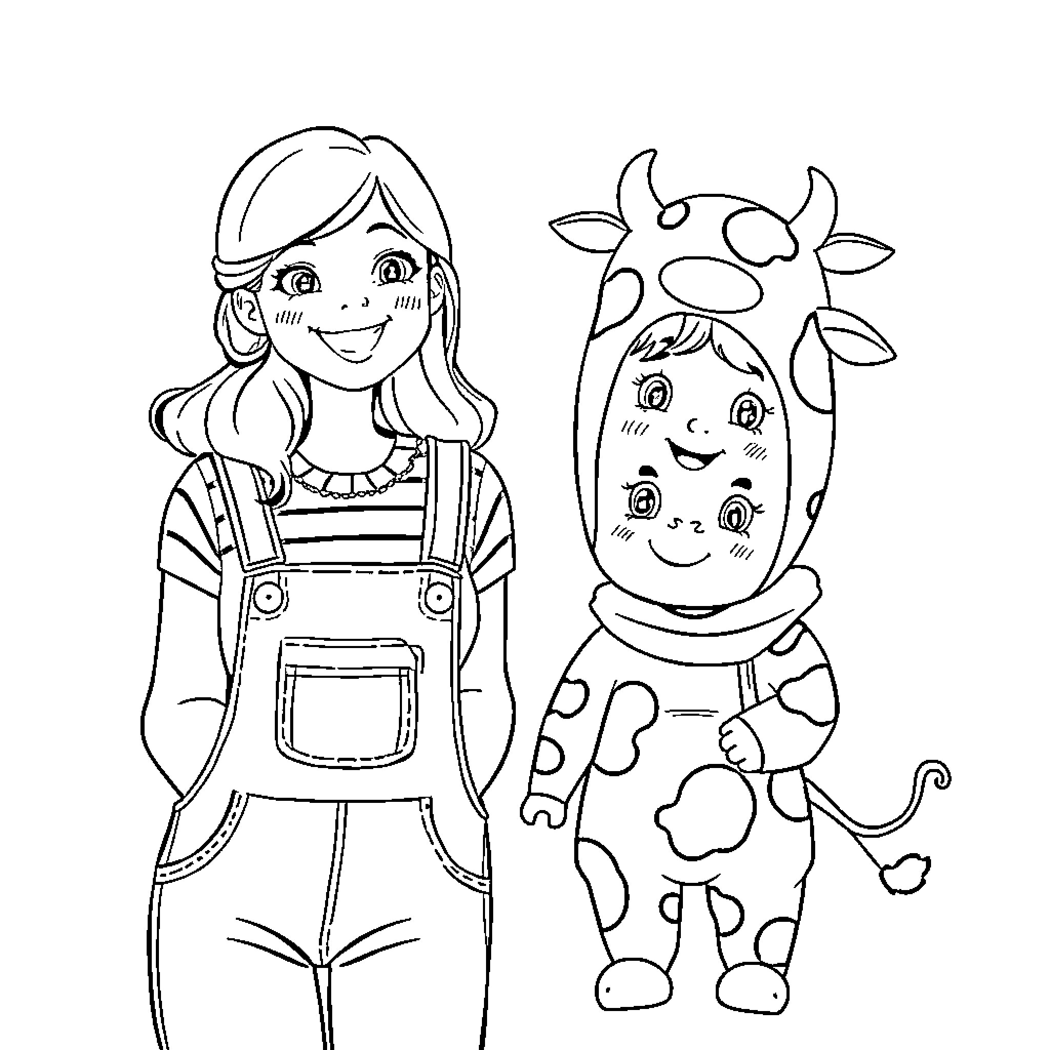 Farmer Girl and Calf Enjoying Nature Coloring Page (free black-and-white line drawing printable PDF for all, from beginners to advanced learners, including children, teens, adults, and seniors)