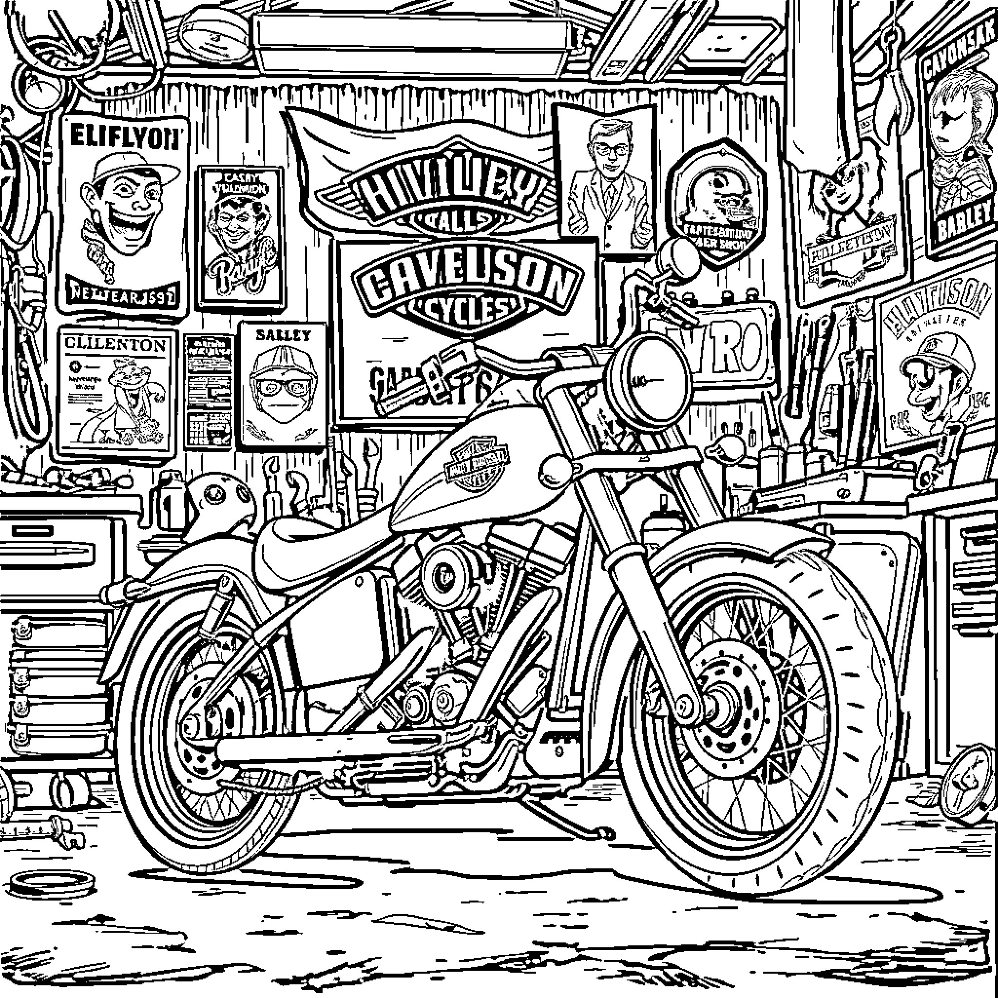 Harley Davidson Motorcycle Parked in Front of Vintage Storefront Coloring Page (free black-and-white line drawing printable PDF for all, from beginners to advanced learners, including children, teens, adults, and seniors)