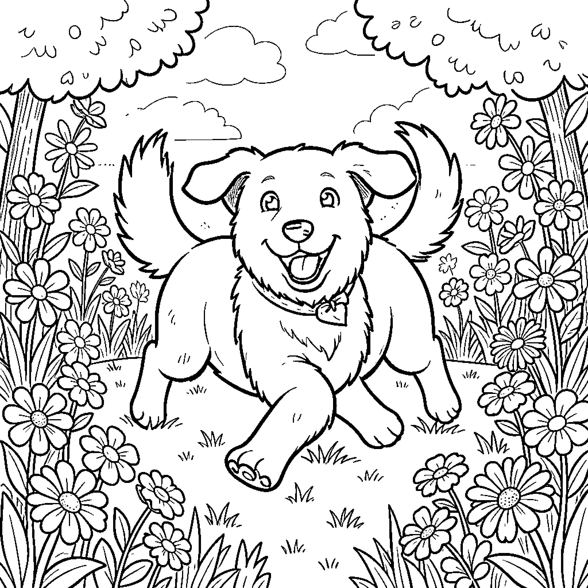 Dog playing happily in a floral field Coloring Page (free black-and-white line drawing printable PDF for all, from beginners to advanced learners, including children, teens, adults, and seniors)