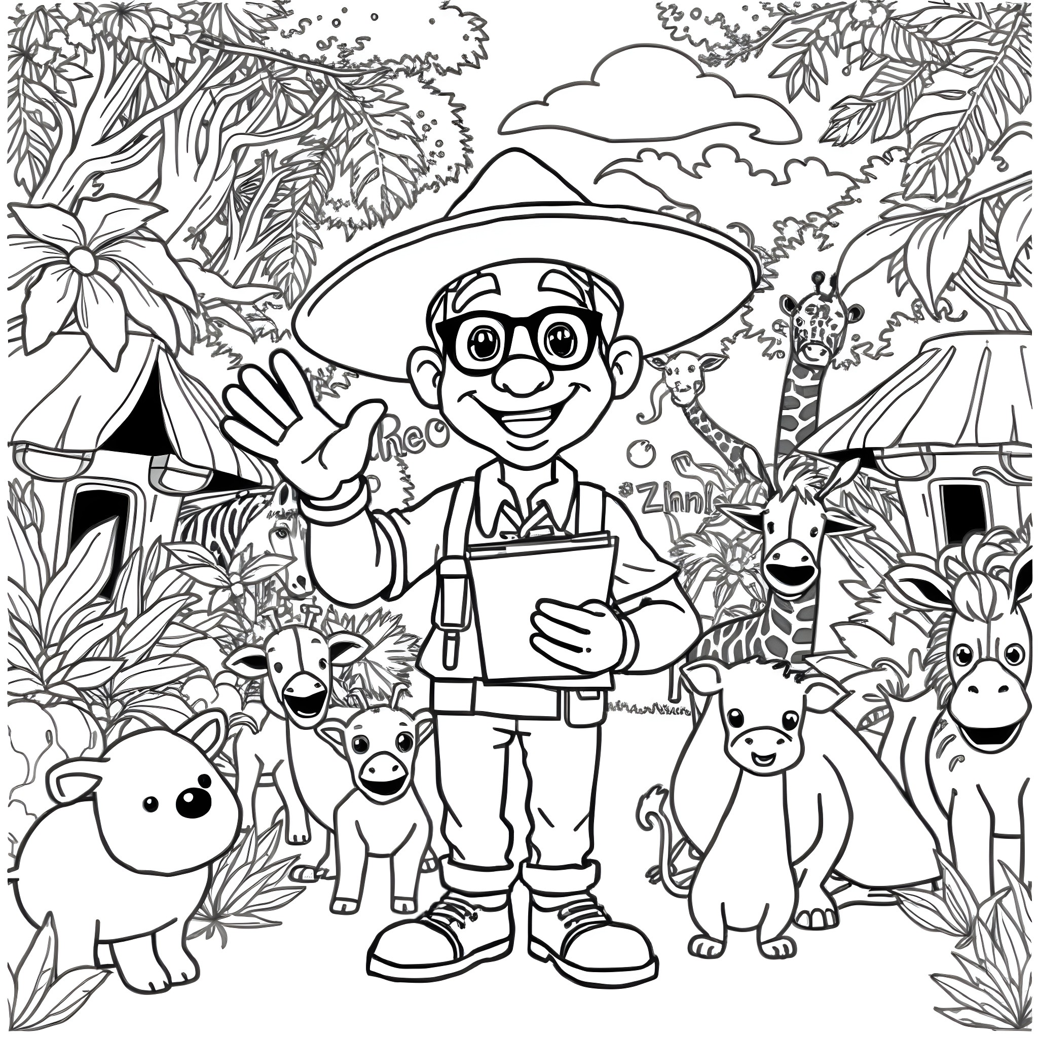 Zookeeper interacting with various animals in the wild Coloring Page (free black-and-white line drawing printable PDF for all, from beginners to advanced learners, including children, teens, adults, and seniors)