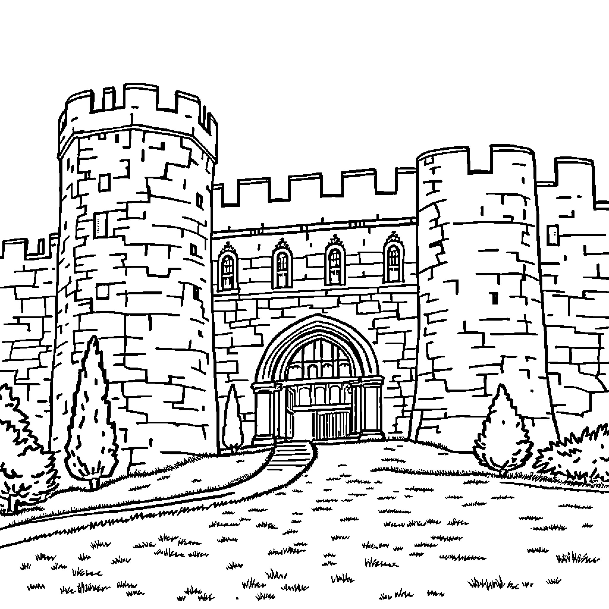 Citadel of grand castle and fortified walls Coloring Page (free black-and-white line drawing printable PDF for all, from beginners to advanced learners, including children, teens, adults, and seniors)